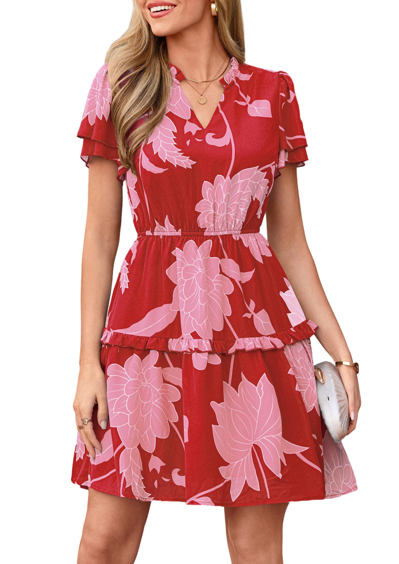 PRETTYGARDEN Womens Summer Floral Mini Dress  Trendy Ruffle Short Sleeve V Neck Flowy A Line Short Beach Dresses