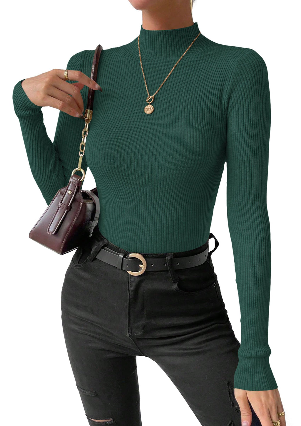 PRETTYGARDEN Women's Mock Turtleneck Lightweight Sweaters Fall Knit Tshirts Cozy Pullover, Underscrub Long Sleeve, Fitted Ribbed Tops, Casual Work Office Clothes, Winter Basic Layer