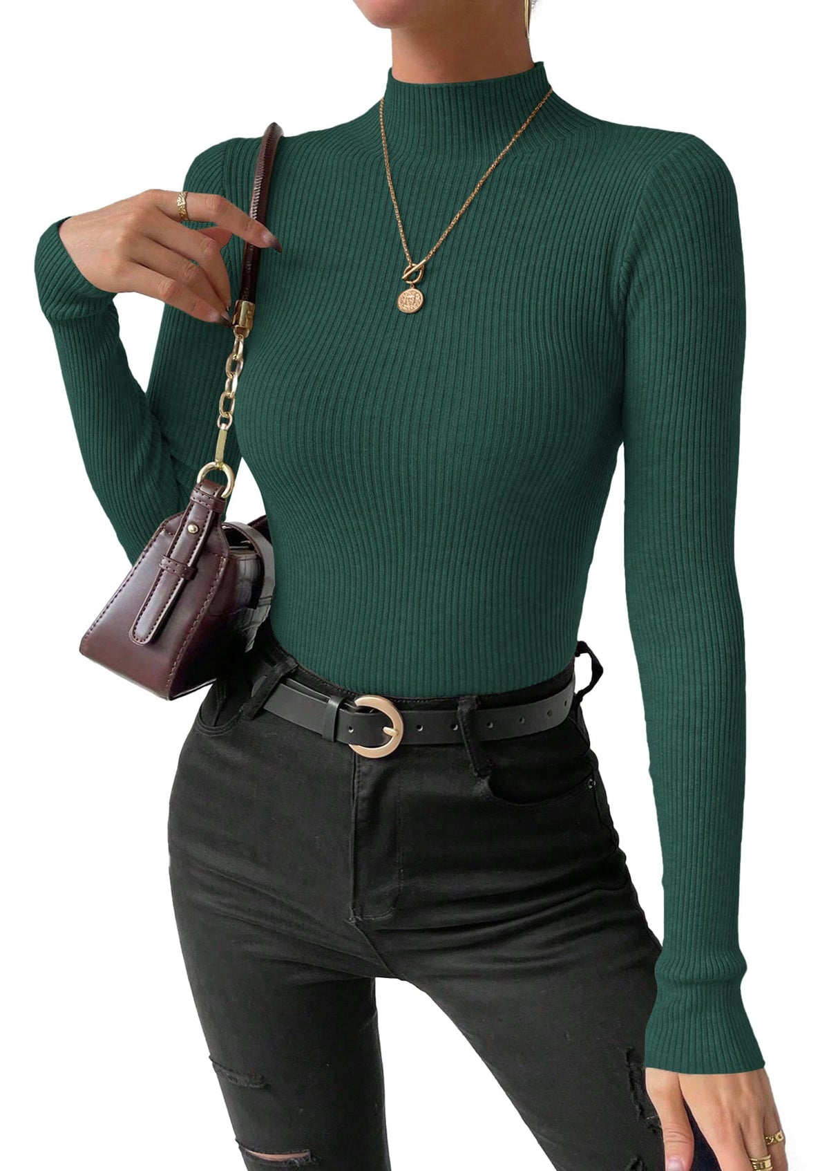 PRETTYGARDEN Women's Mock Turtleneck Lightweight Sweaters Fall Knit Tshirts Cozy Pullover, Underscrub Long Sleeve, Fitted Ribbed Tops, Casual Work Office Clothes, Winter Basic Layer