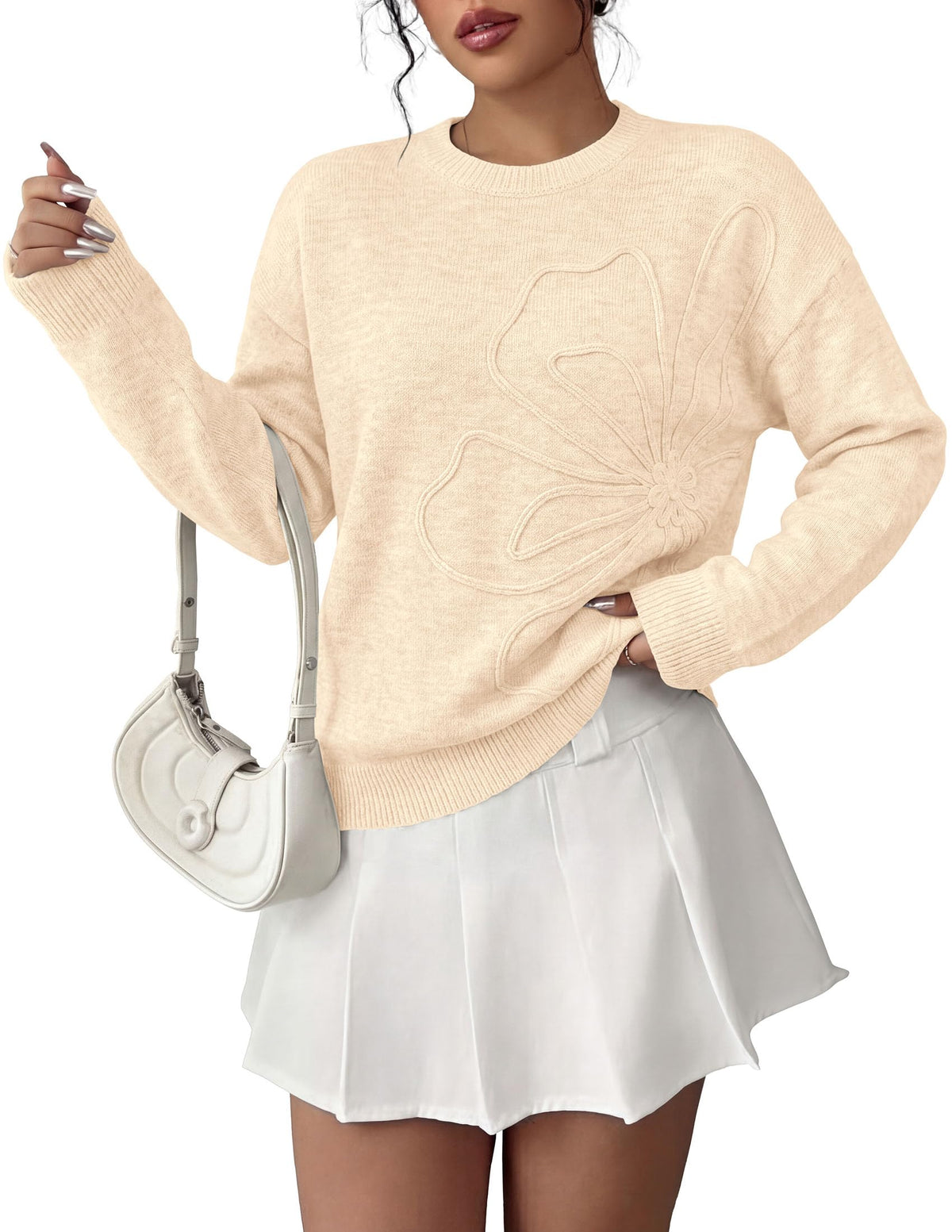 PRETTYGARDEN Women Fall Sweaters Trendy Floral Knit Pullover | Flower Embroidered Tops, Crew Neck, Soft Long Sleeve Shirts, Cozy Winter Layering Clothes for Casual Outing, Holiday Party