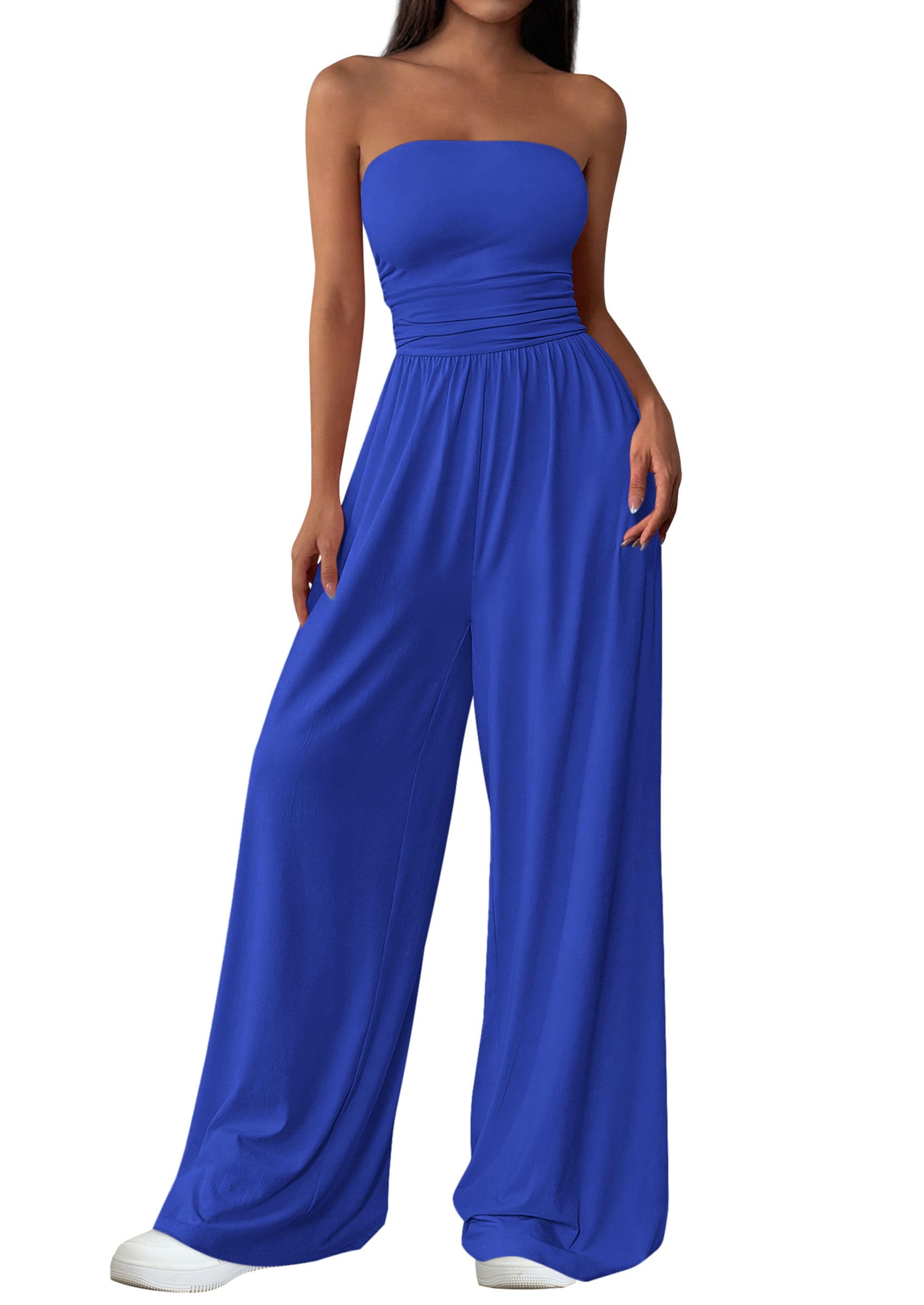 PRETTYGARDEN Womens Trendy Strapless Rompers Ruched Tube Top Wide Leg One Piece Jumpsuits Beach Vacation Summer Outfits