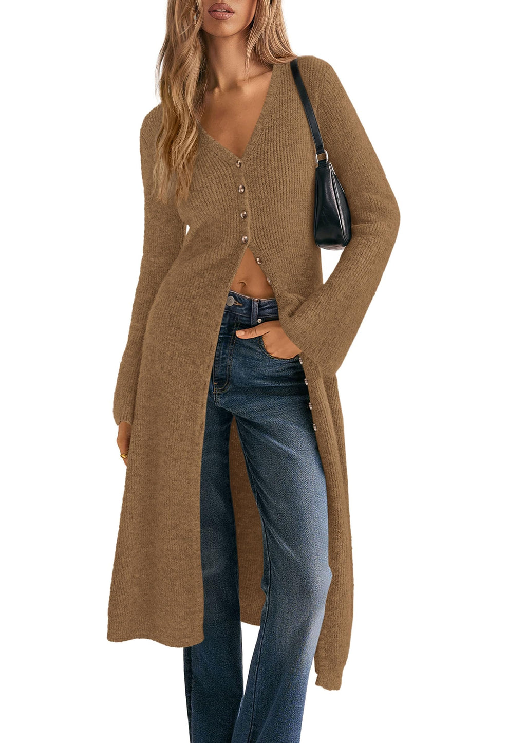 PRETTYGARDEN Women Long Cardigan Bell Sleeve Sweater Dress Early Fall Fashion, V Neck Button Down Coats, Fit and Flare, Duster Sweater, Acrylic Cotton Blend