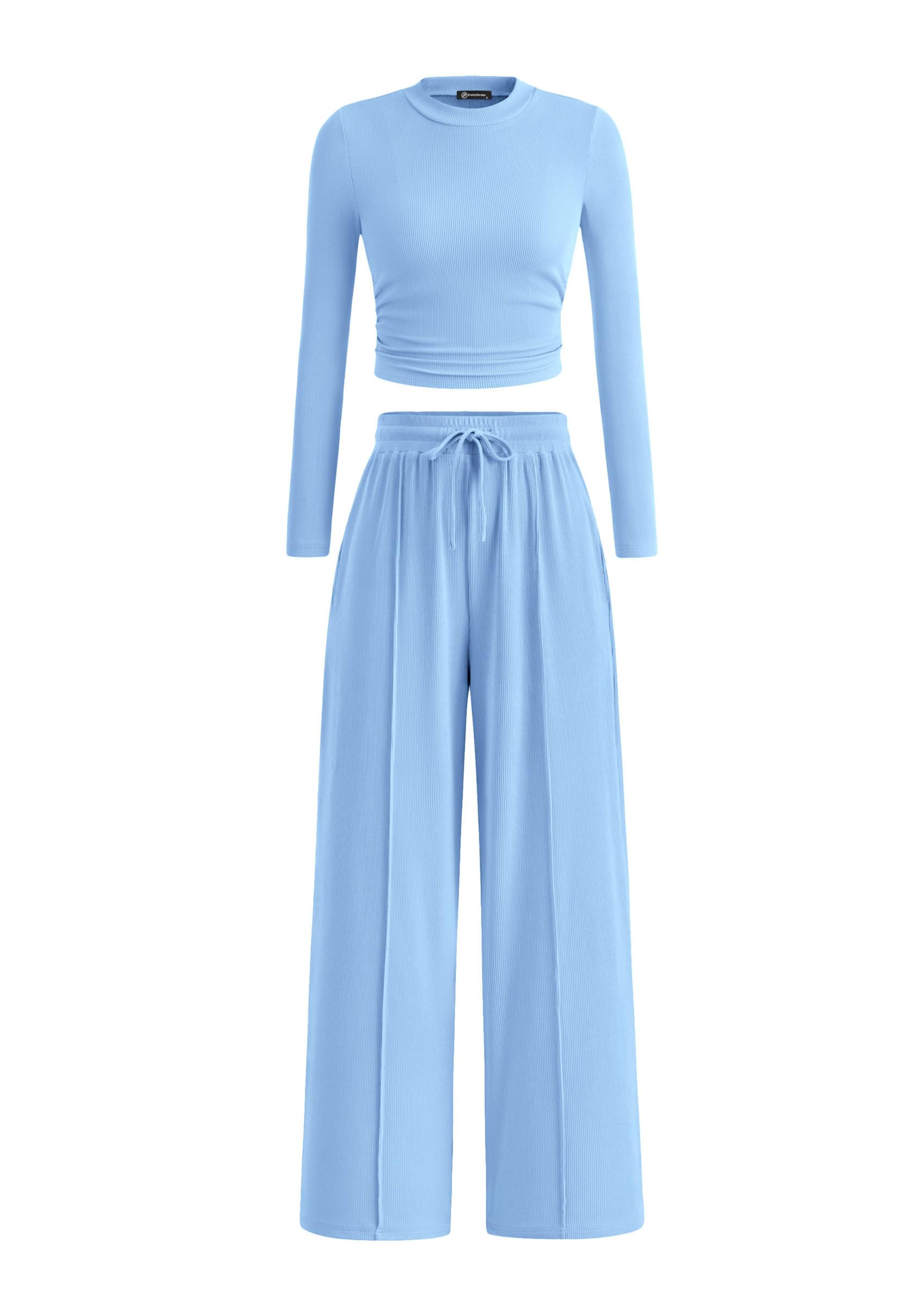 PRETTYGARDEN Women's 2 Piece Loungewear Long Sleeve Crop Top Wide Leg Palazzo Pants Set Tracksuits Casual Outfit