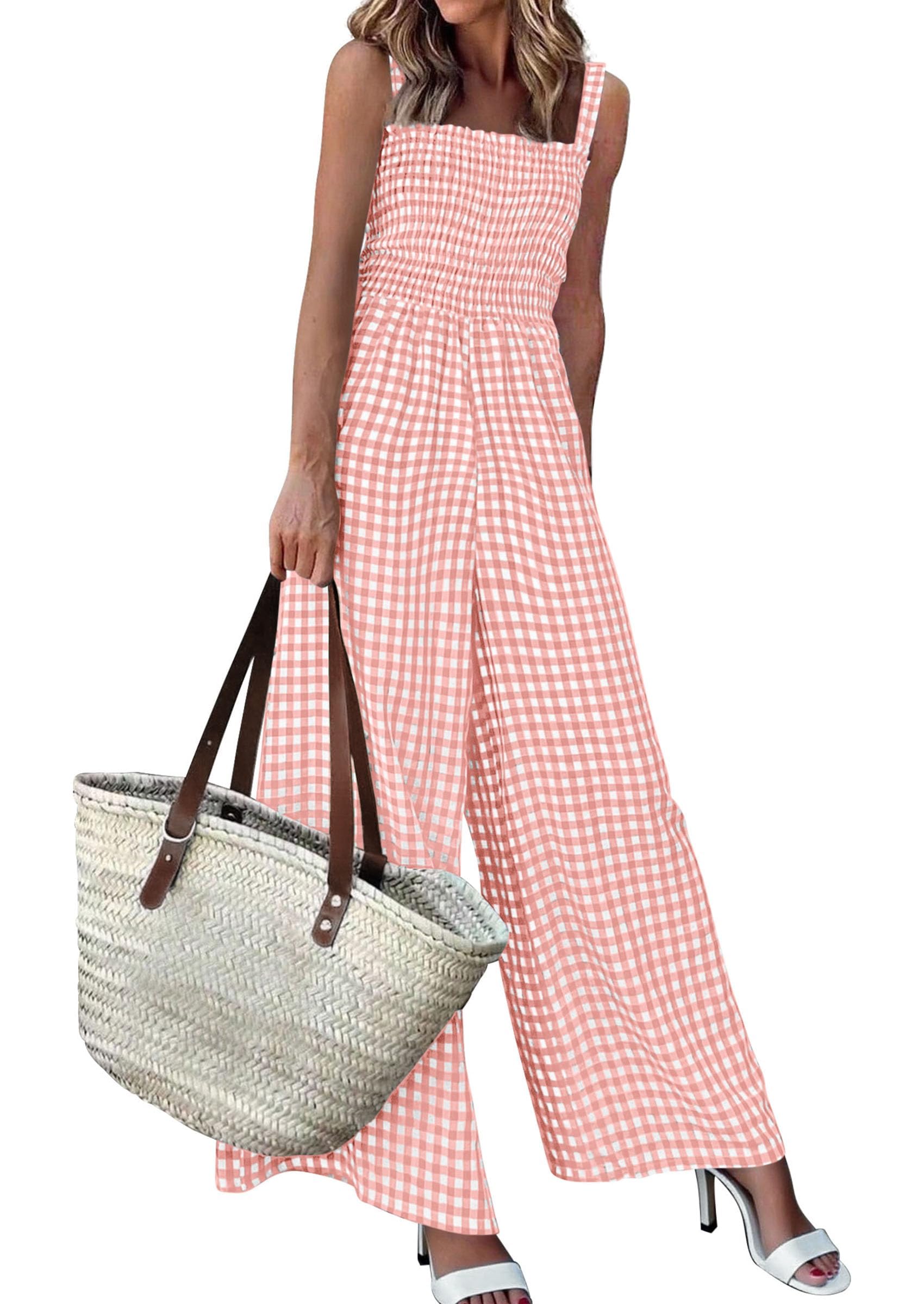 PRETTYGARDEN One Piece Jumpsuits for Women Casual Summer Cruise Outfits  Spring Fashion Smocked Wide Leg Gingham Rompers