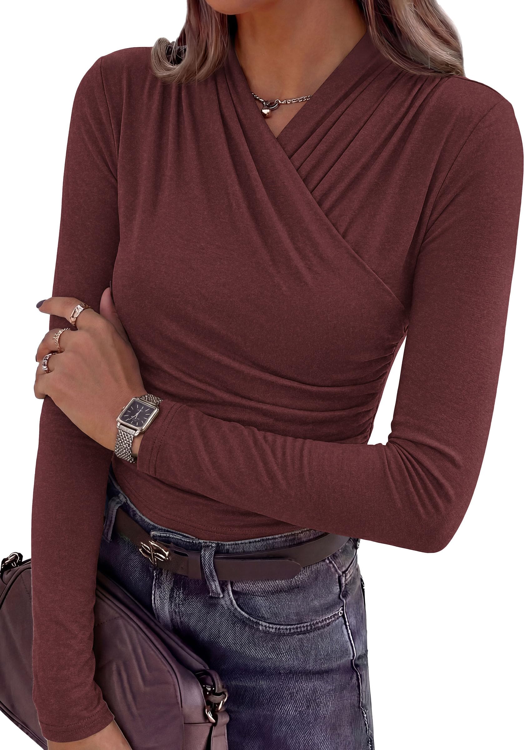 PRETTYGARDEN Womens Long Sleeve Shirts Going Out Wrap Top | Soft Heathered Stretchy Viscose Fitted Blouse, V Neck Ruched Waist Dressy Tops, Office Business Casual Fall Winter Daily Wear