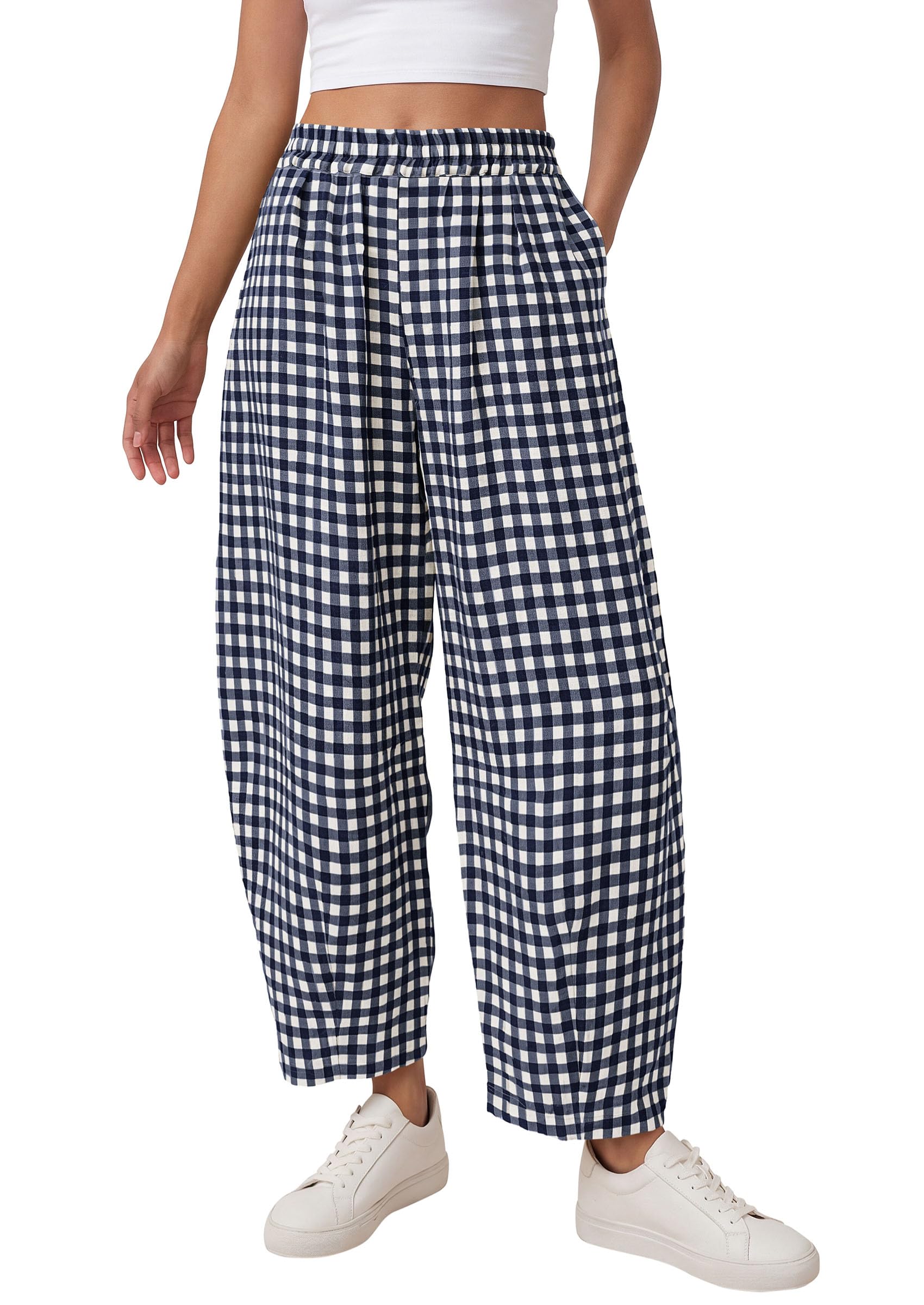 PRETTYGARDEN Plaid Barrel Pants Women Summer Casual Loose Wide Leg Lounge Gingham Trousers Spring Fashion Beach Bottoms
