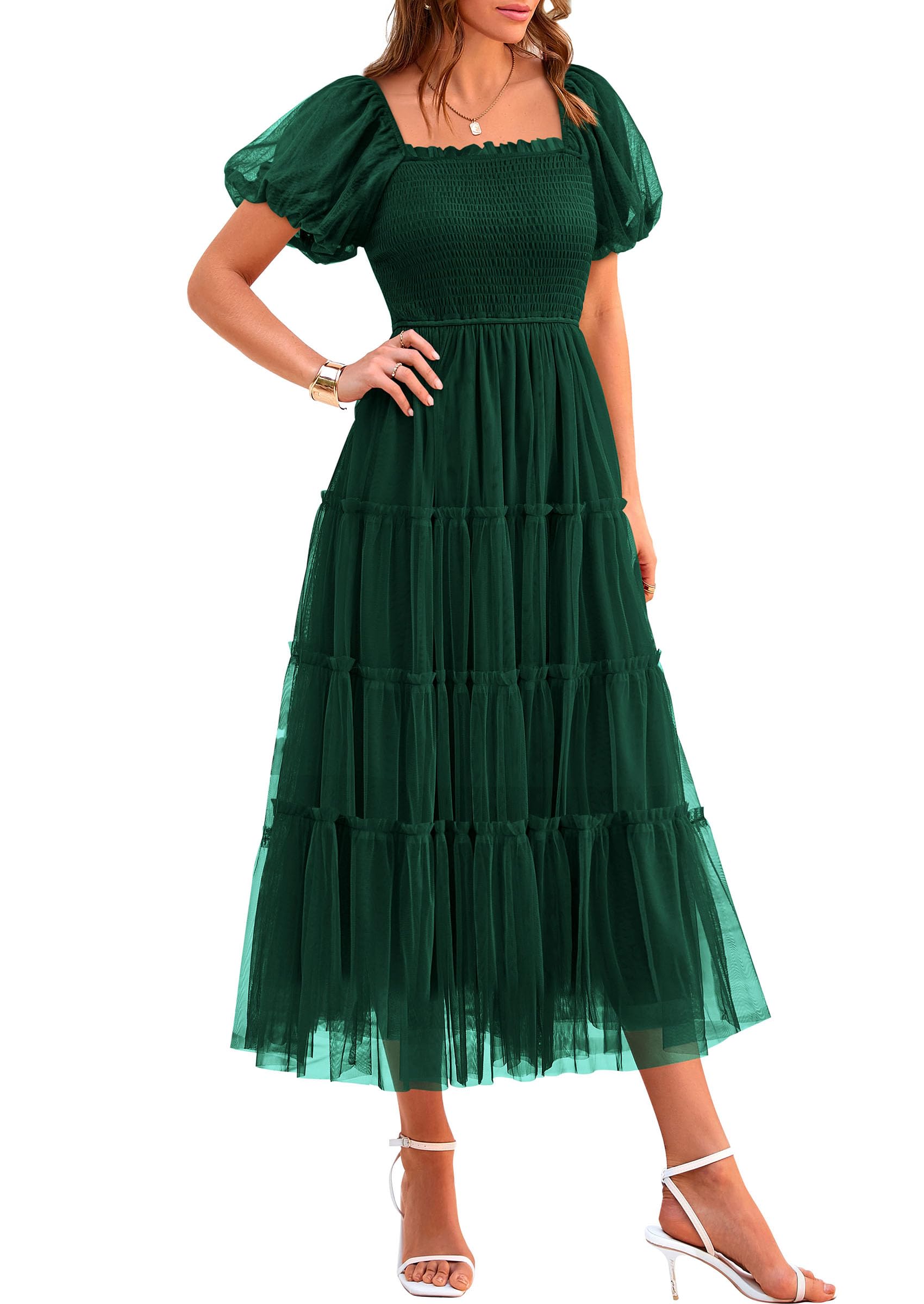 PRETTYGARDEN Women's Smocked Midi Tulle Dress  Summer Puffy Short Sleeve Square Neck Ruffle Wedding Guest Party Dresses