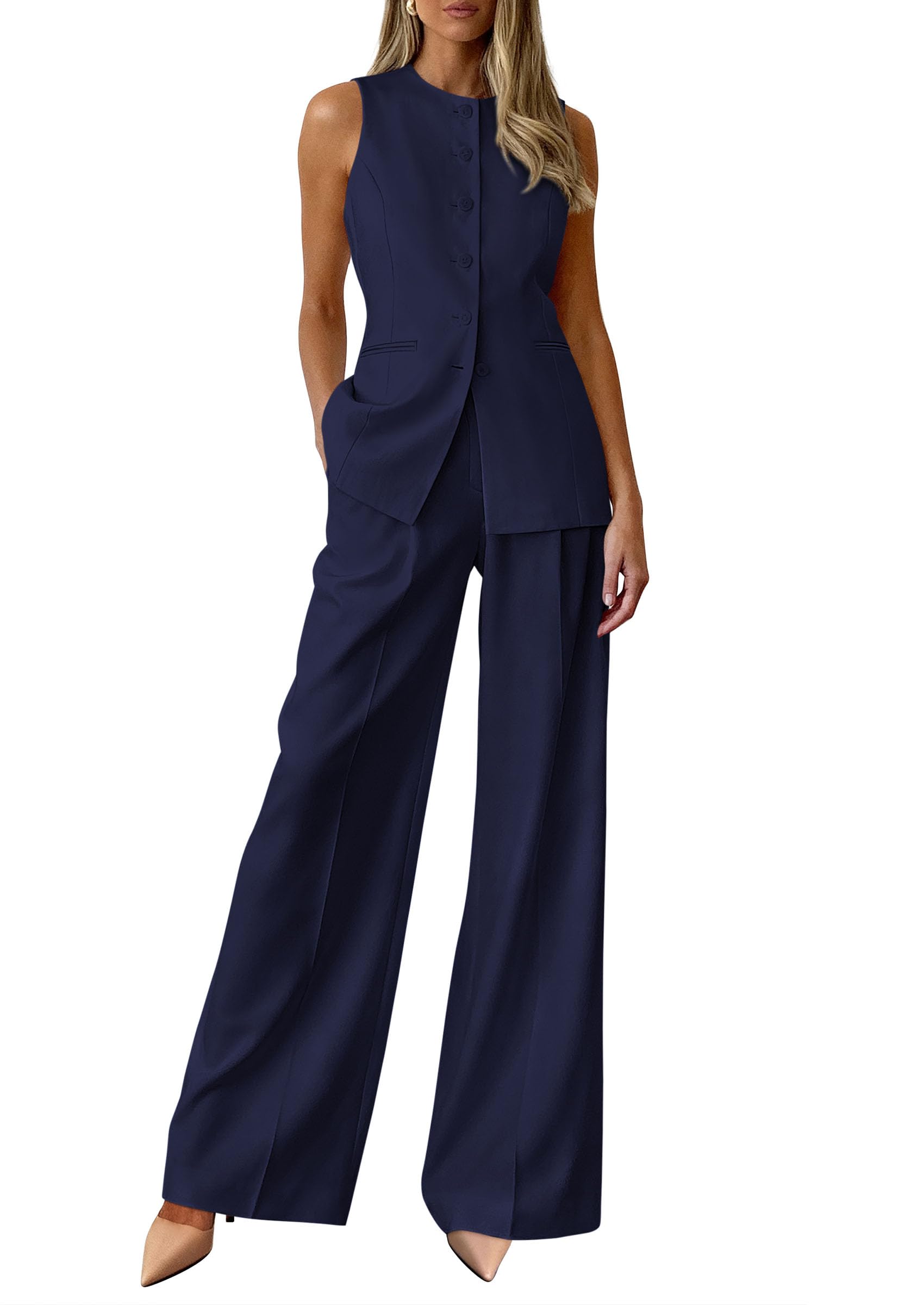 PRETTYGARDEN Women's 2 Piece Sets Summer  Work Clothes Sleeveless Blazer Vest Pants Suits Spring Business Casual Outfits