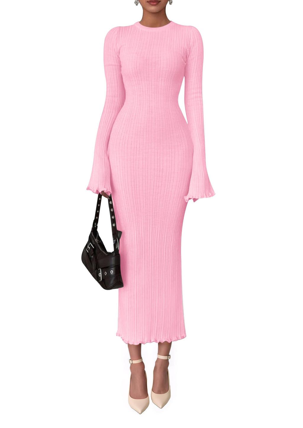 PRETTYGARDEN Sweater Dresses for Women  Fall Bell Long Sleeve Crew Neck Bodycon Maxi Dress Winter Ribbed Knit Outfits
