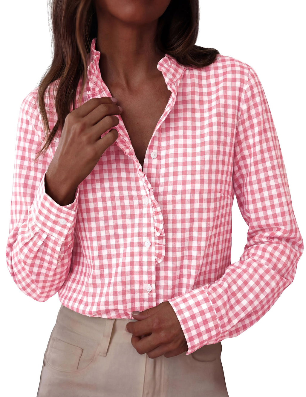 PRETTYGARDEN Womens Long Sleeve Button Down Shirts | Soft Cotton Fabric, Fashion Plaid Shirt, Basic Collared V Neck, Work Business Casual Blouses, 2026 Fall Trendy Outfits
