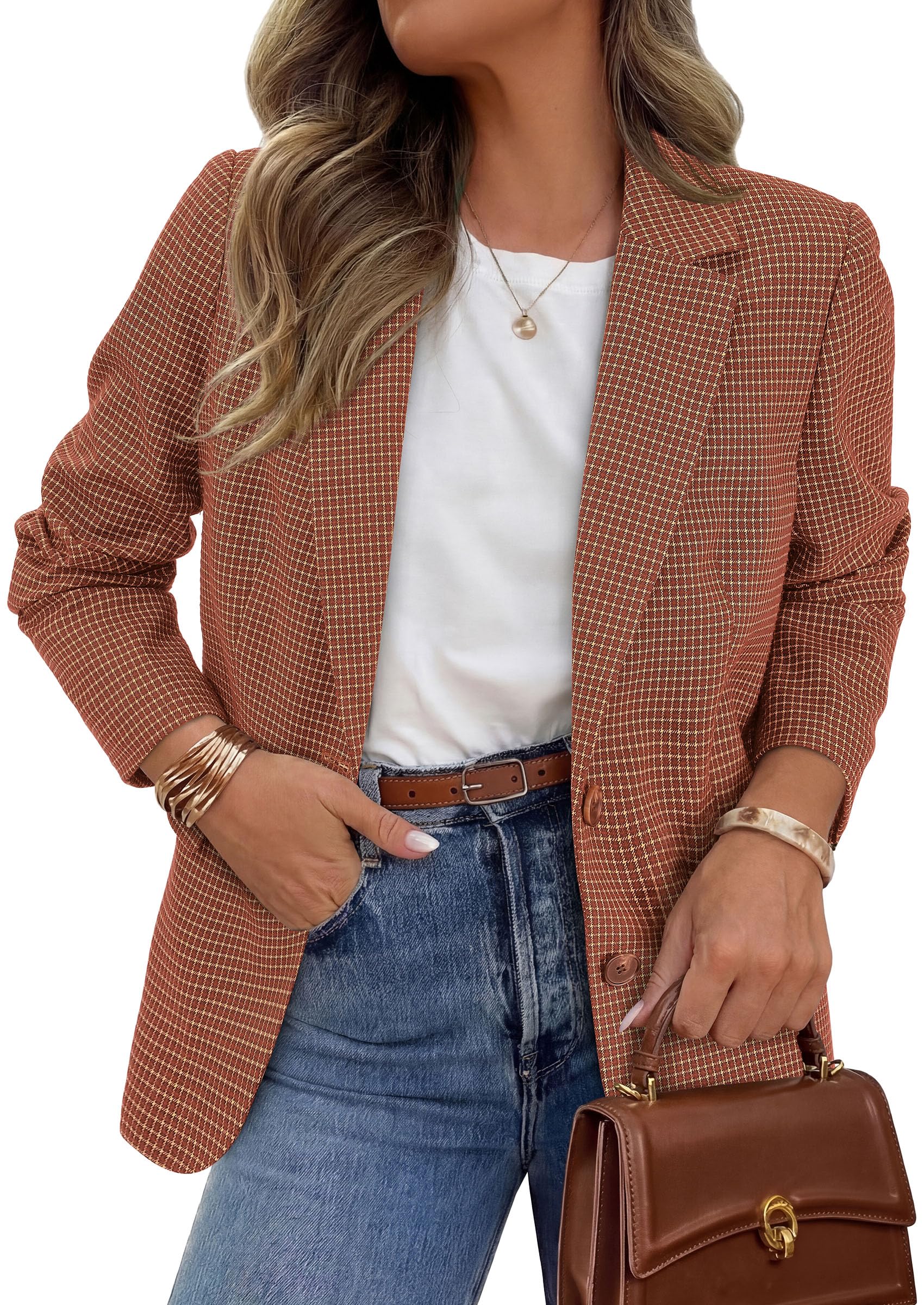 PRETTYGARDEN Fall Blazers for Women Business Casual | Long Sleeve Plaid Houndstooth, Notch Lapel Pockets, Oversized Blazer Outerwear, Trendy Suit Jackets, 2026 Winter Work Outfits
