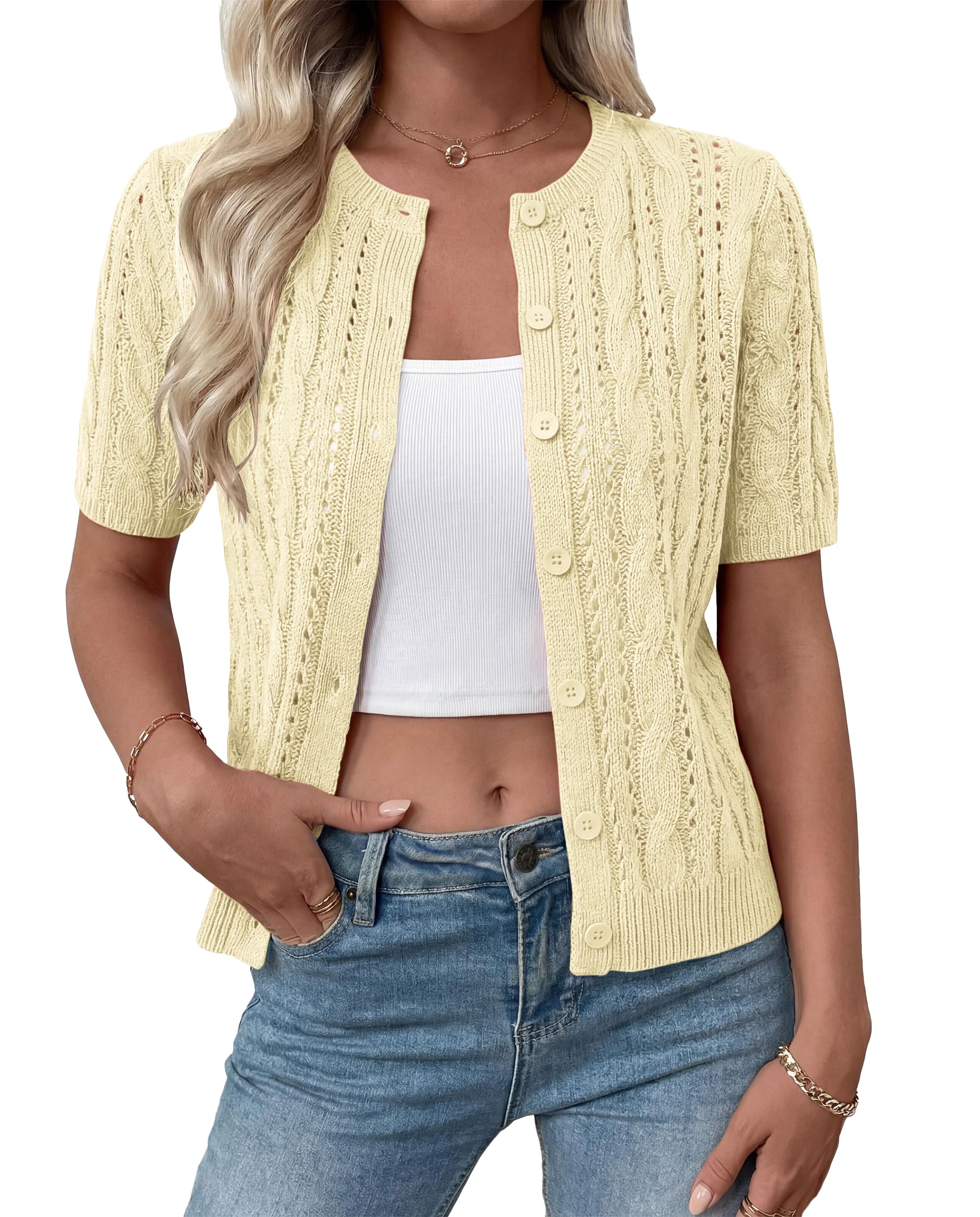FreshPretty  Women Summer Cable Knit Crochet Cardigan Sweaters Casual Button Short Sleeve Sweater Cute Beach Hollow Out Knit Top
