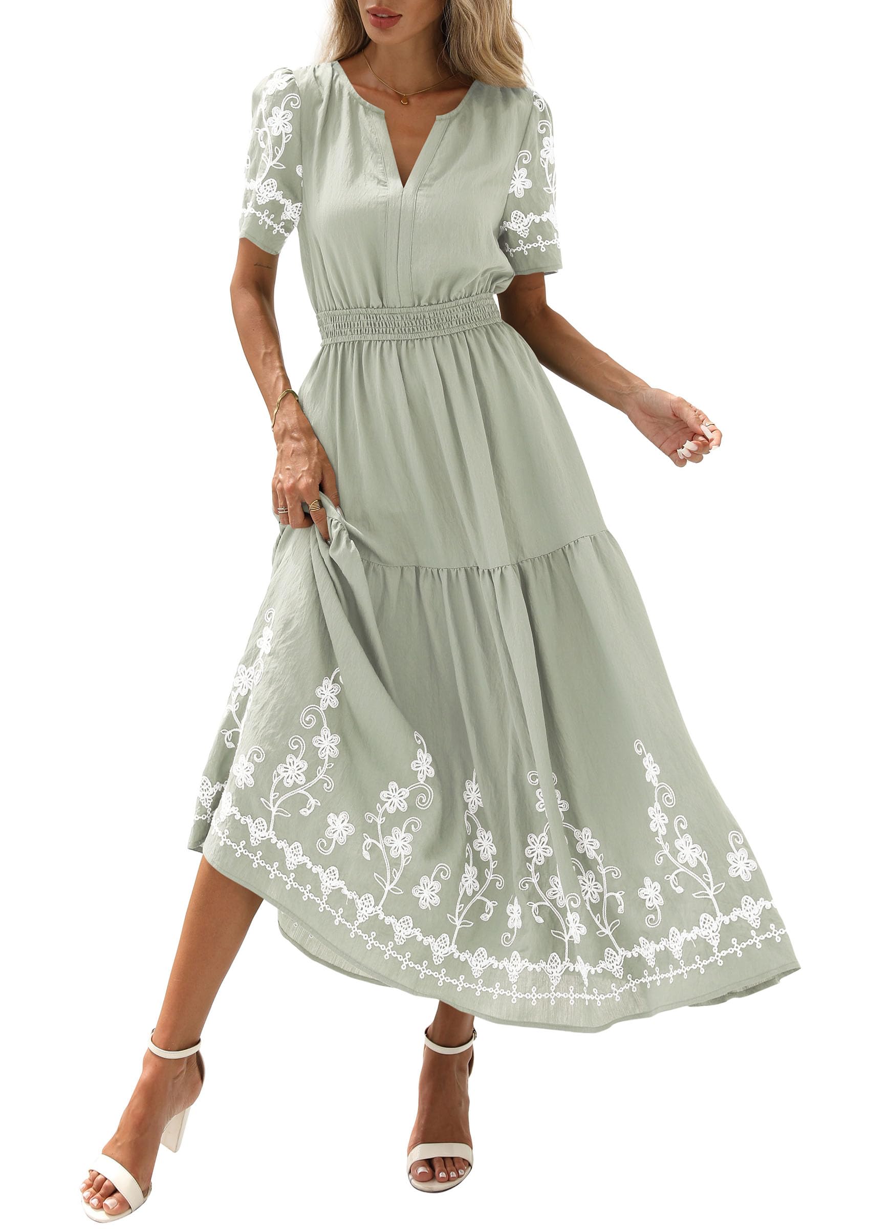 PRETTYGARDEN Women's Summer Boho Maxi Dress Spring Floral Short Sleeve V Neck A Line Flowy Beach Wedding Guest Dresses