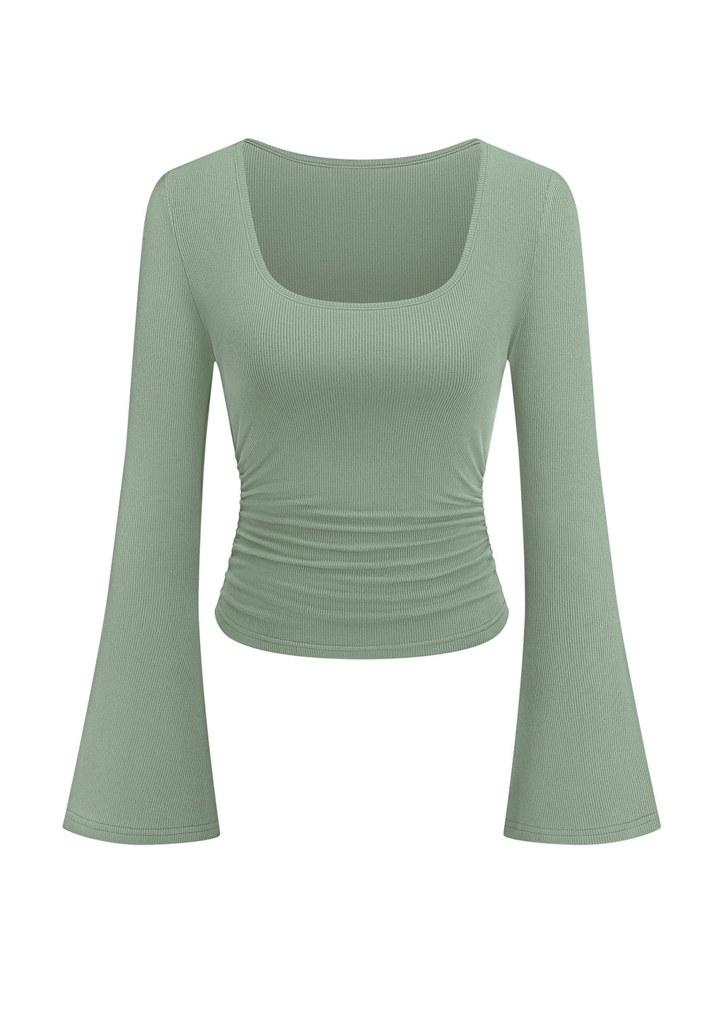PRETTYGARDEN Womens Bell Long Sleeve Shirts Going Out Tops | Soft Stretchy Ribbed Knit, Square Neck, Slim Fit Y2K Clothes, Trendy Side Ruched, Layering Tee for Casual Fall & Winter Wear
