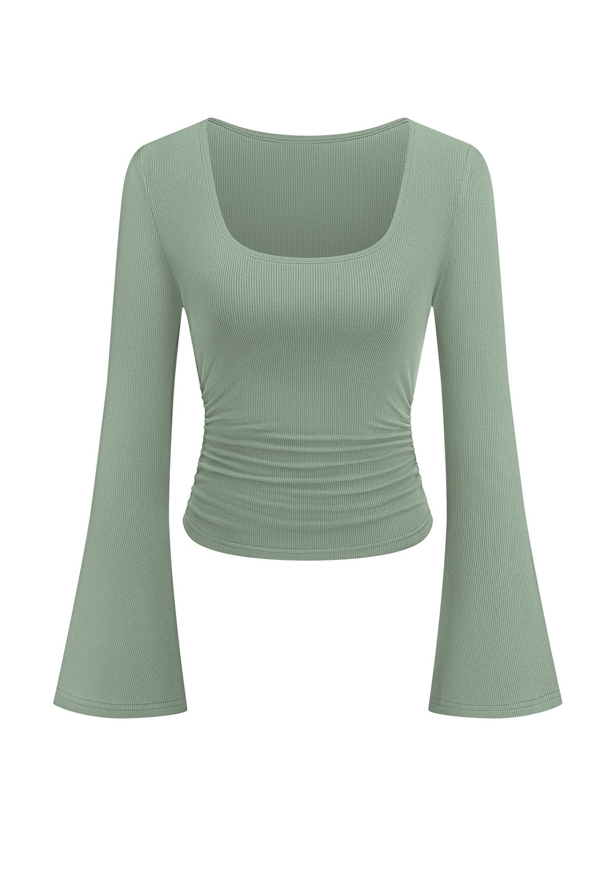 PRETTYGARDEN Womens Bell Long Sleeve Shirts Going Out Tops | Soft Stretchy Ribbed Knit, Square Neck, Slim Fit Y2K Clothes, Trendy Side Ruched, Layering Tee for Casual Fall & Winter Wear