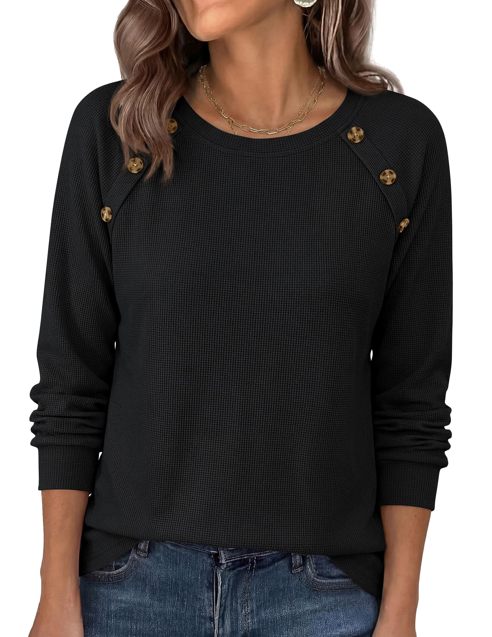 PRETTYGARDEN Long Sleeve Shirts for Women Waffle Knit Tops Fall Fashion Dressy Casual Loose Tunic Blouse Winter Clothing