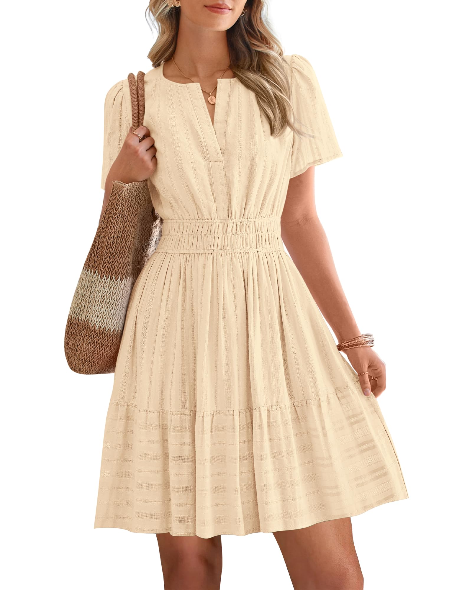 BTFBM Womens Spring  Casual Mini Dresses Lightweight Short Sleeve V Neck Elastic Waist Cute Boho Beach Dress Pockets