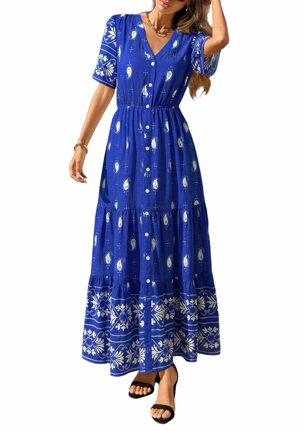 PRETTYGARDEN Womens Summer Boho Maxi Dress Trendy Short Sleeve V Neck Flowy Beach Floral Dresses with Pockets