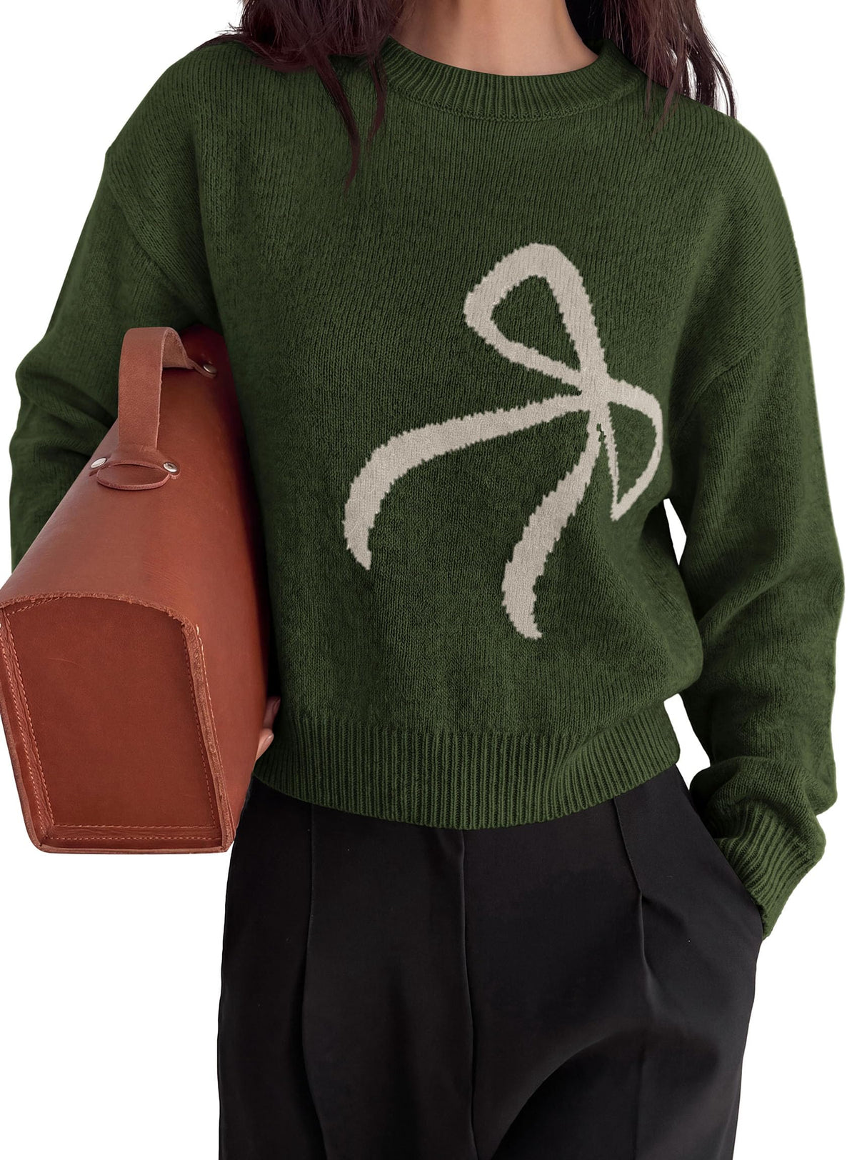 PRETTYGARDEN Womens Bow Sweater Cute Crewneck Long Sleeve Tops Fall Soft Cozy Knit Pullover,Relaxed Fit,Holiday Sweaters,Daily Wear,Work Office,Casual Going Out Y2k Tops,Winter Fashion Clothing