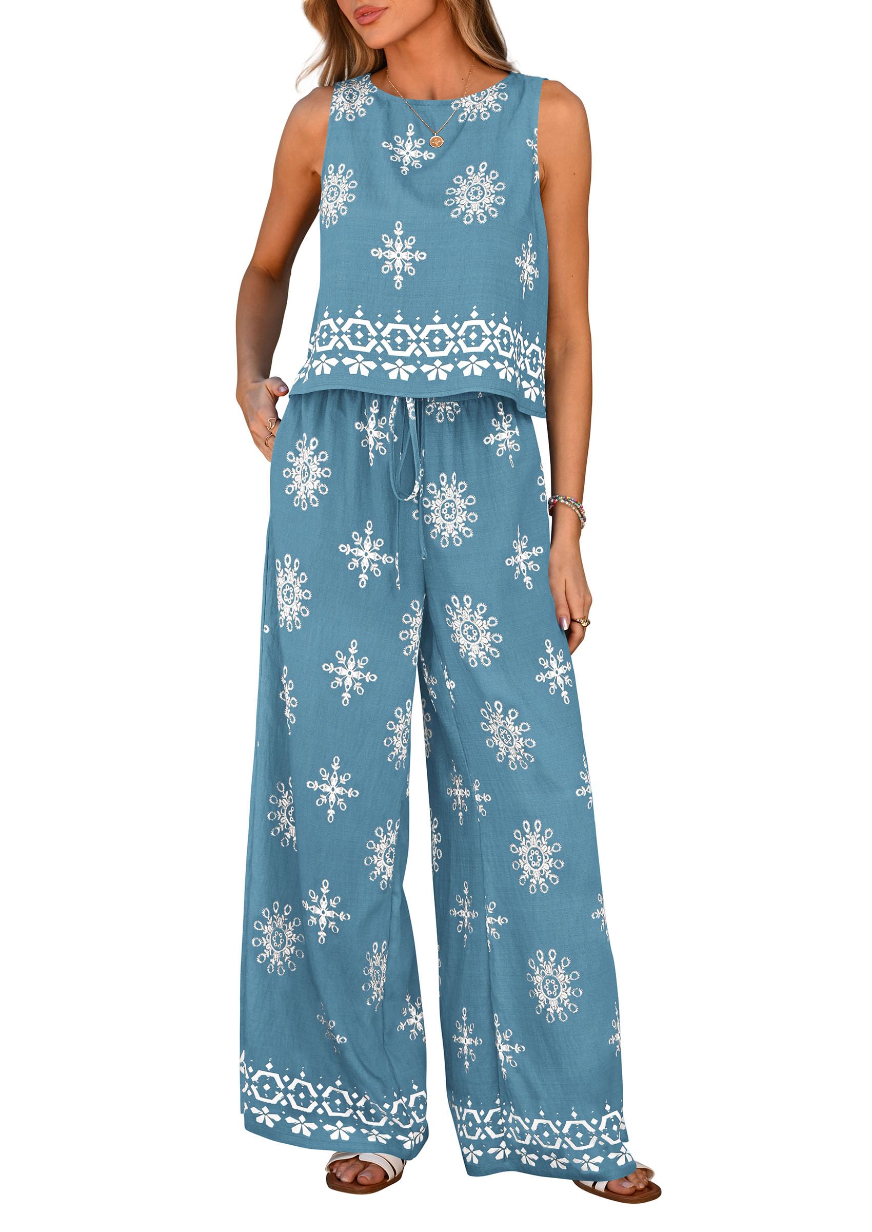 PRETTYGARDEN Women's Summer 2 Piece Lounge Sets Boho Floral Tank Tops Flowy Wide Leg Pants Travel Beach Vacation Outfits