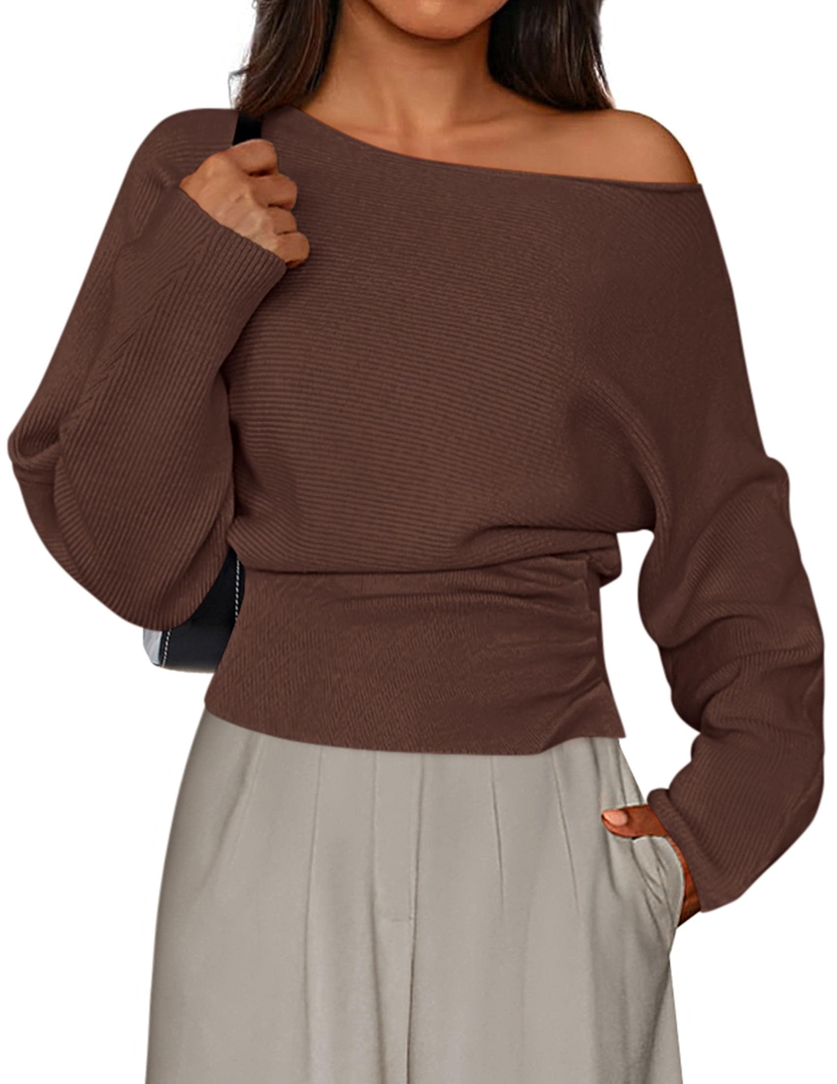 PRETTYGARDEN Women Off the Shoulder Sweater  Fall Trendy Long Batwing Sleeve Knit Pullover Going Out Tops Winter Clothing