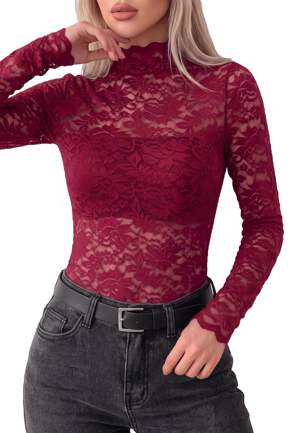 PRETTYGARDEN Womens Lace Long Sleeve Tops Sheer Mesh Blouse | Mock Neck Floral See Through, Slim Fitted, Soft Stretchy Elegant, Going Out Concert, Club Party Outfits, Fall Fashion Clothes