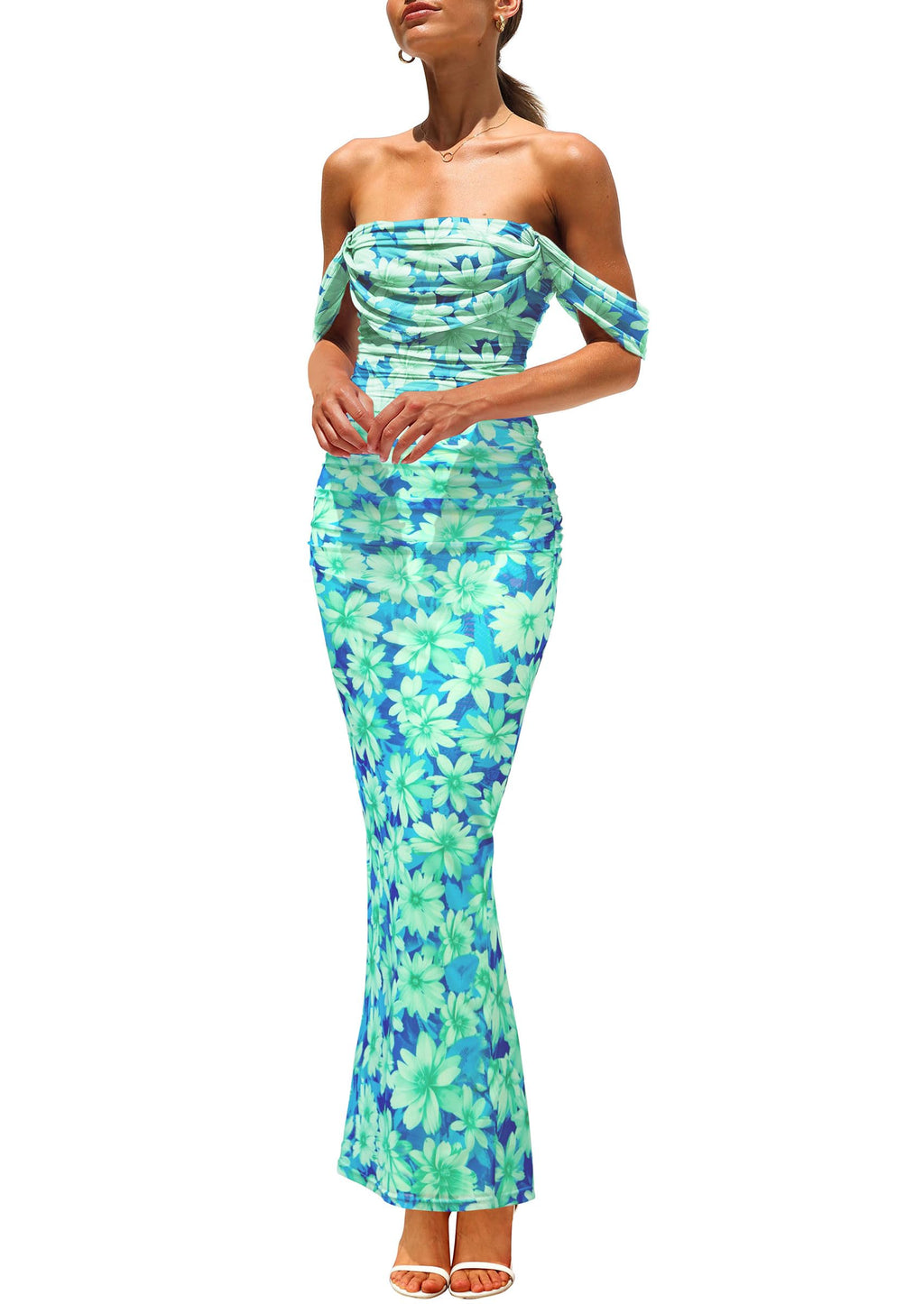 PRETTYGARDEN Cocktail Dresses for Women Summer Floral Off Shoulder Ruched Mesh Elegant Wedding Guest Maxi Dress