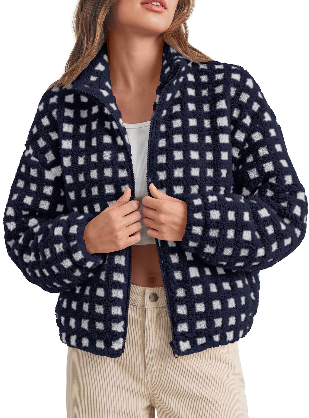 PRETTYGARDEN Women's Gingham Sherpa Fleece Jacket Plaid Cropped Teddy Coat Trendy Y2K Winter Jacket, Zip Up Stand Collar, Side Pockets, Fall Outfit for Casual Daily, Going Out, Streetwear, Outdoor