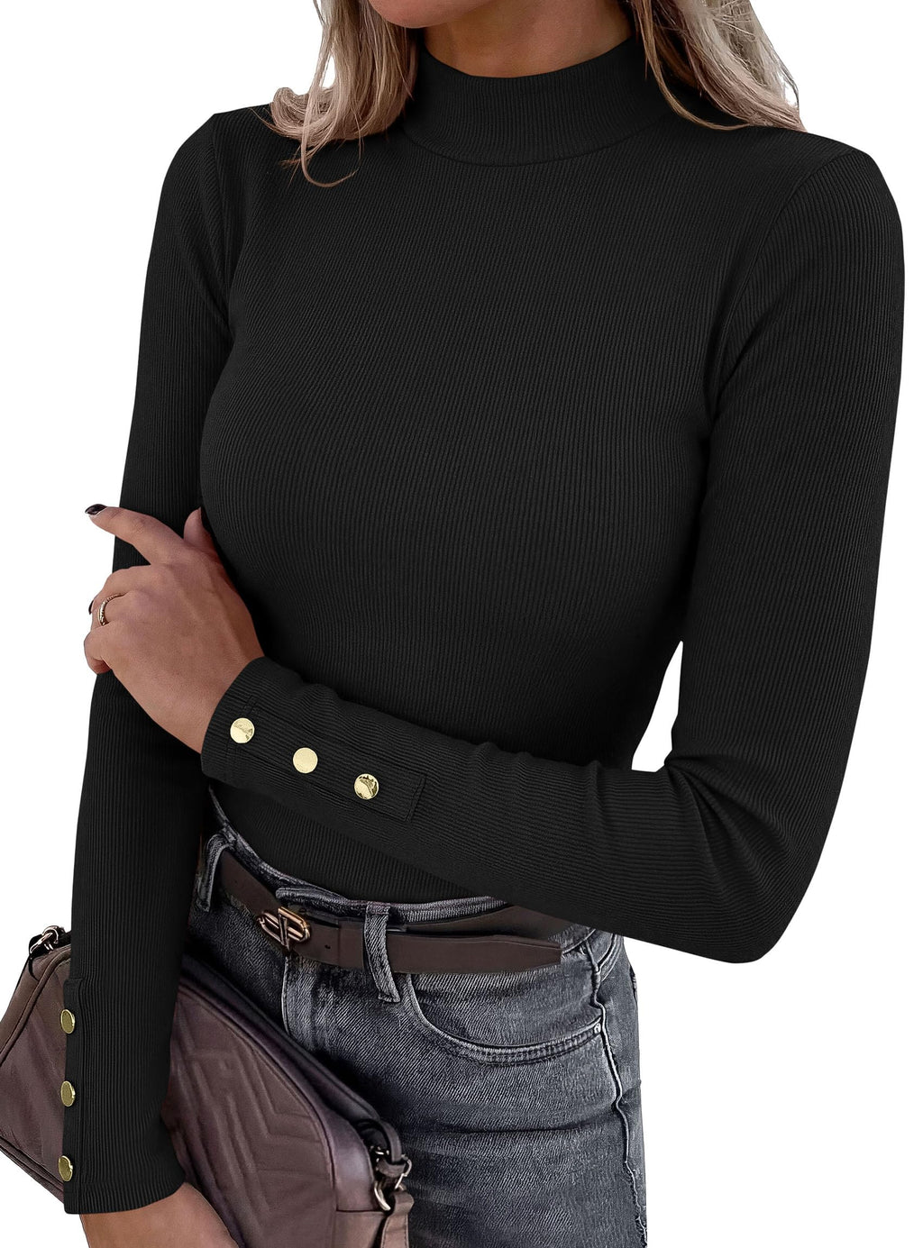 PRETTYGARDEN Women's Ribbed Mock Neck Long Sleeve Tops | Slim Fitted T-Shirts, Soft Stretch, Decorative Buttons, Going Out Work Casual Wear, Fall Outfits Layering Winter Clothes