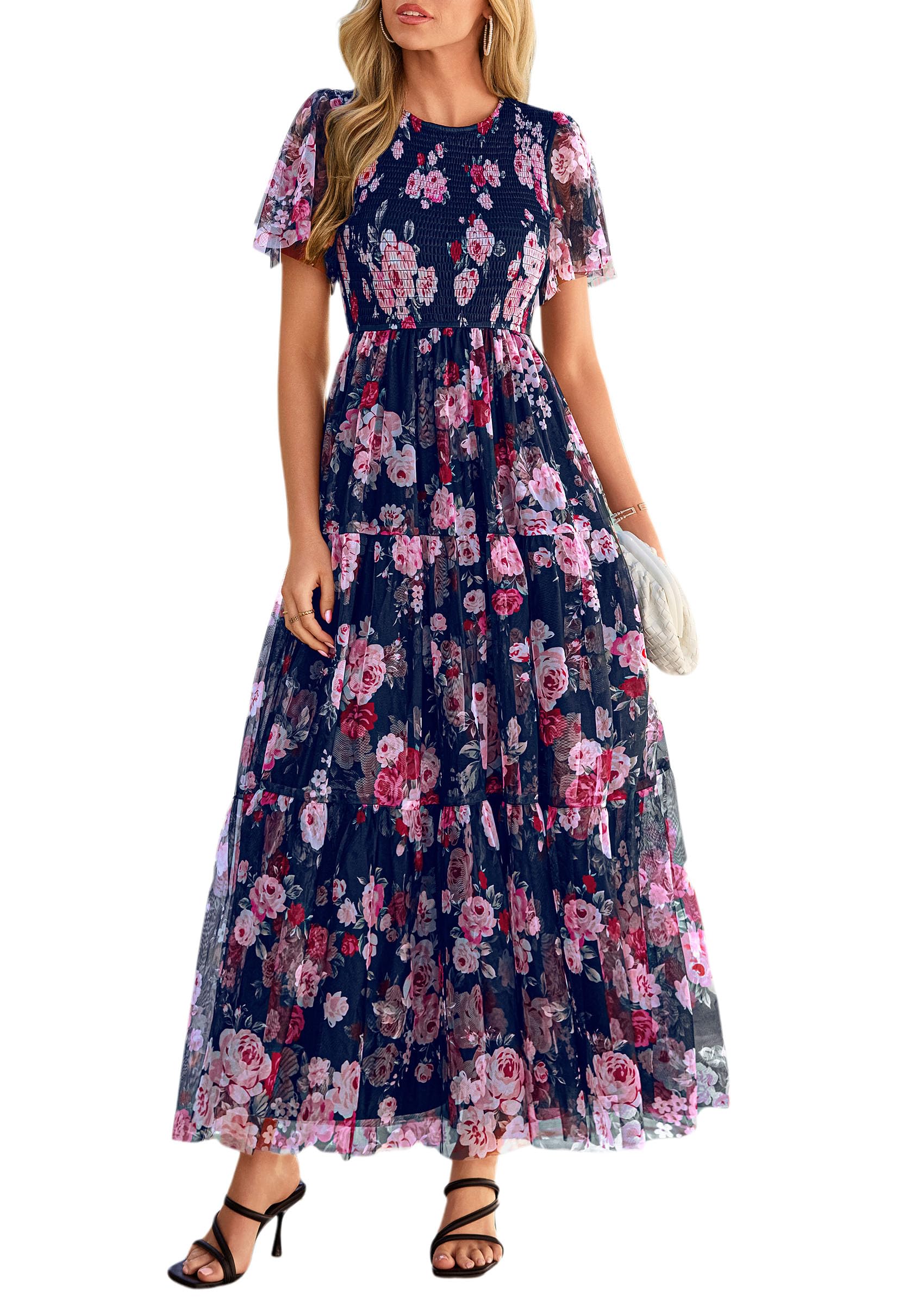 PRETTYGARDEN Tulle Floral Dress Women Summer Wedding Guest  Spring Short Sleeve Maxi Smocked Flowy Beach Party Dresses