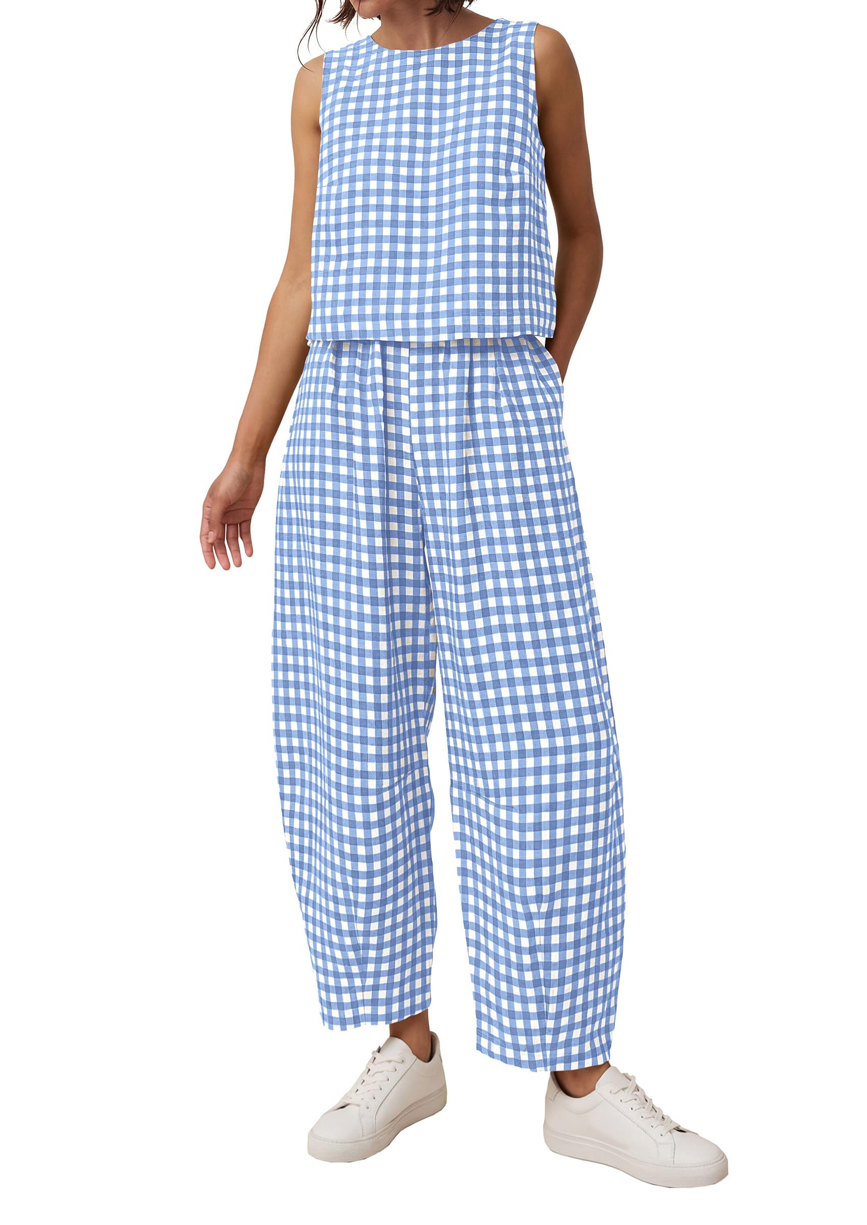 PRETTYGARDEN Womens 2 Piece Sets Summer Plaid Sleeveless Tops Wide Leg Pants Matching Lounge Set Beach Vacation Outfits