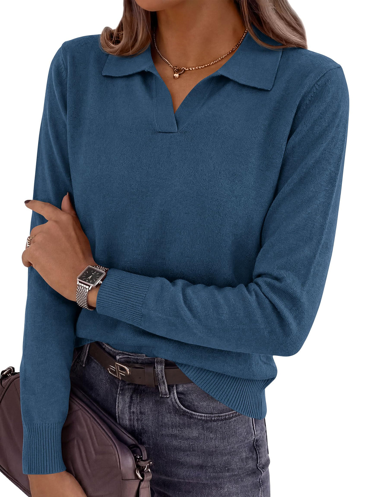 PRETTYGARDEN Womens Long Sleeve Collared Polo Sweater | Breathable Soft Ribbed Knit, Lapel V Neck Pullover Sweaters, Business Casual Work Office Tops, 2026 Trendy Fall Outfits