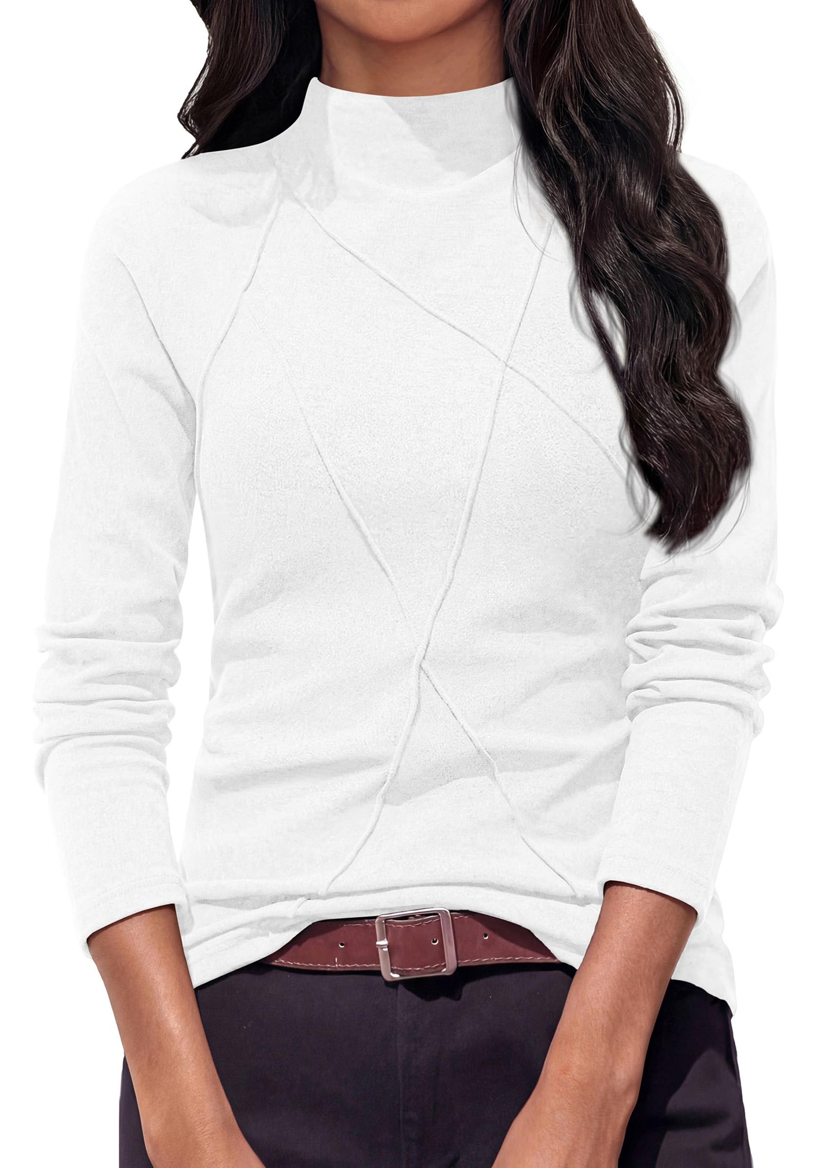 PRETTYGARDEN Women's Fall Mock Neck Long Sleeve Shirts | Soft Stretchy Knit,Geometric Seam Stitching,Slim Fitted Basic Tees,Thermal Casual Wear,Daily Work Layering Winter Tunic Top