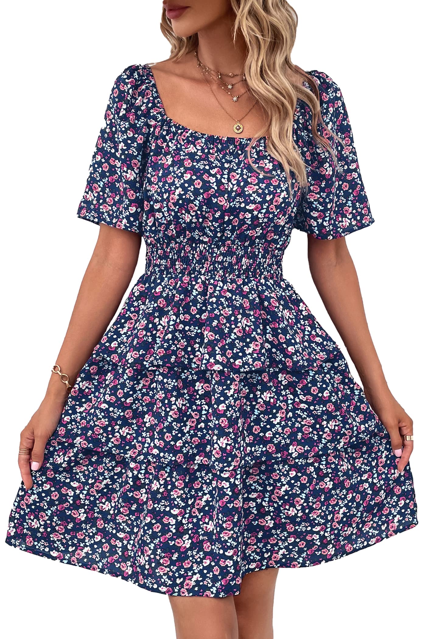 PRETTYGARDEN Women's  Floral Summer Short Dress Square Neck Short Sleeve Tiered Ruffle Boho Swing Dresses