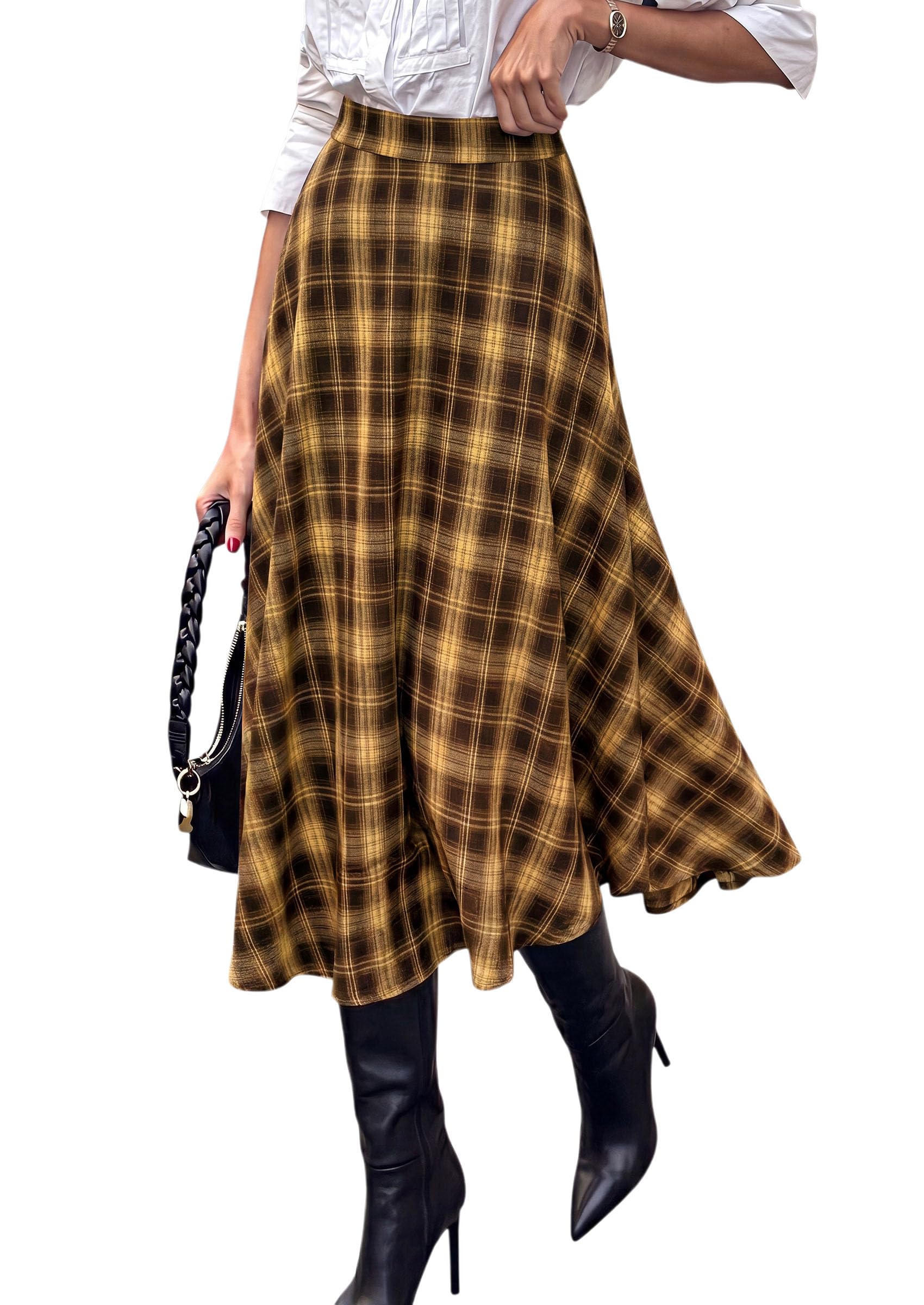 PRETTYGARDEN Women's Plaid High Waisted A-Line Midi Skirts