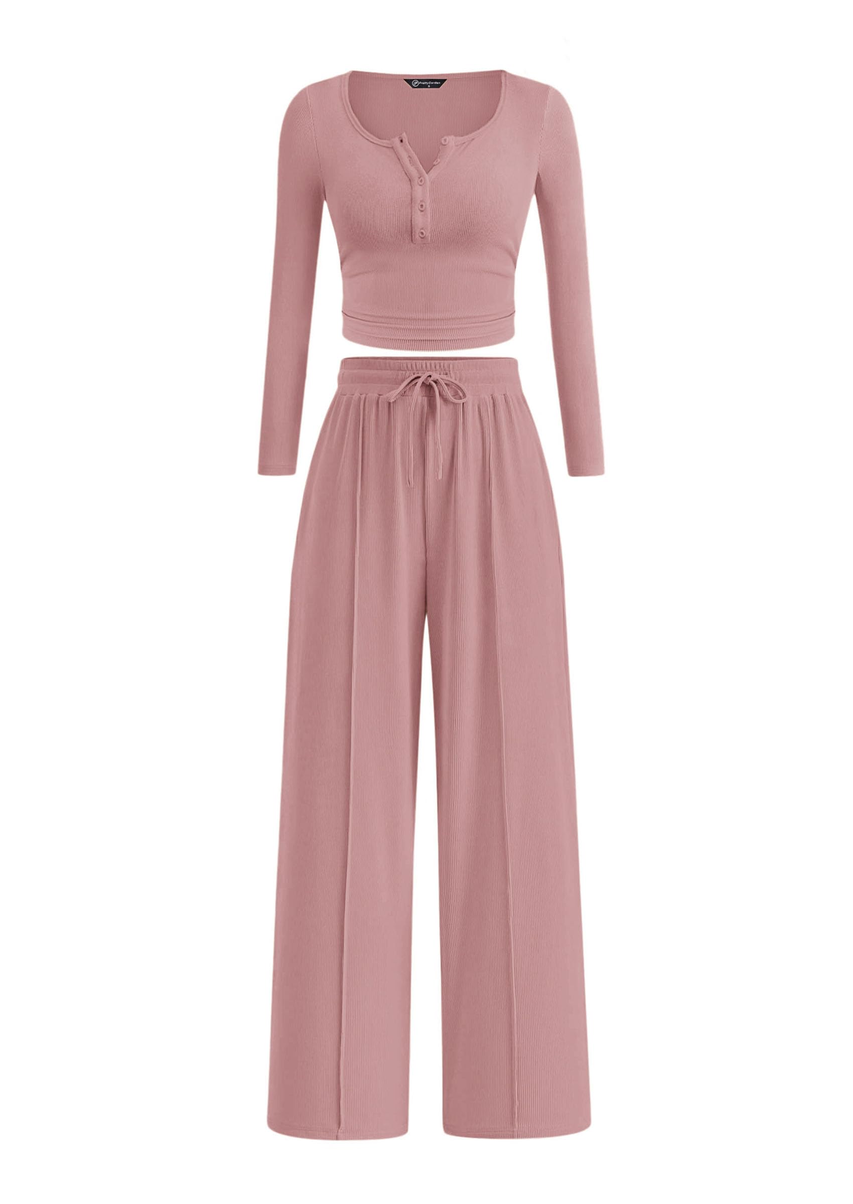 PRETTYGARDEN Women's  Fall Trendy 2 Piece Outfits Lounge Sets Long Sleeve Top Henley Shirts Wide Leg Pants Travel Clothes