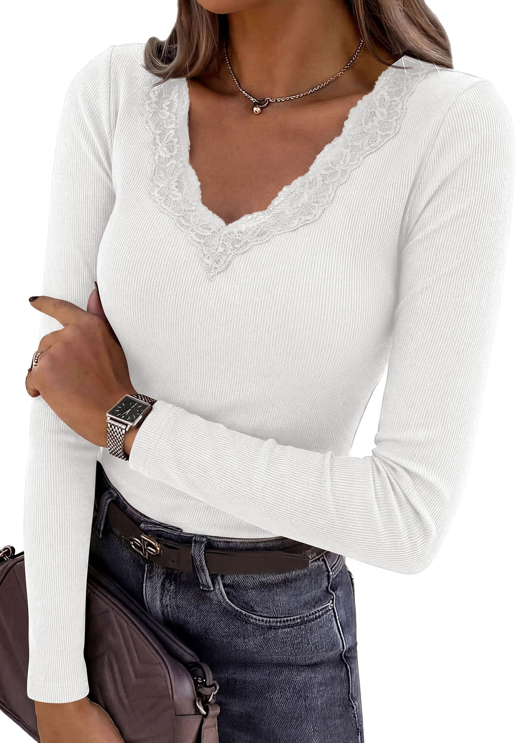 PRETTYGARDEN Women's Lace V Neck Long Sleeve Fitted T Shirts | Going Out Tops, Basic Tees, Soft Stretchy Ribbed Knit Underscrub, Casual Blouses, Y2K Fall Outfits, Layering Winter Clothing