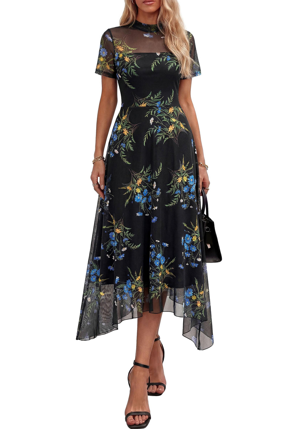 PRETTYGARDEN Cocktail Dresses for Women  Summer Short Sleeve Floral Mesh Sheer Midi Party Wedding Guest Dress