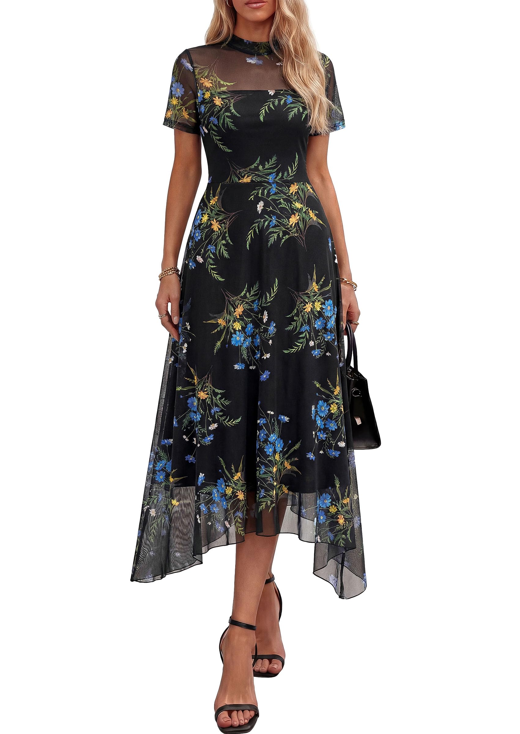PRETTYGARDEN Cocktail Dresses for Women  Summer Short Sleeve Floral Mesh Sheer Midi Party Wedding Guest Dress