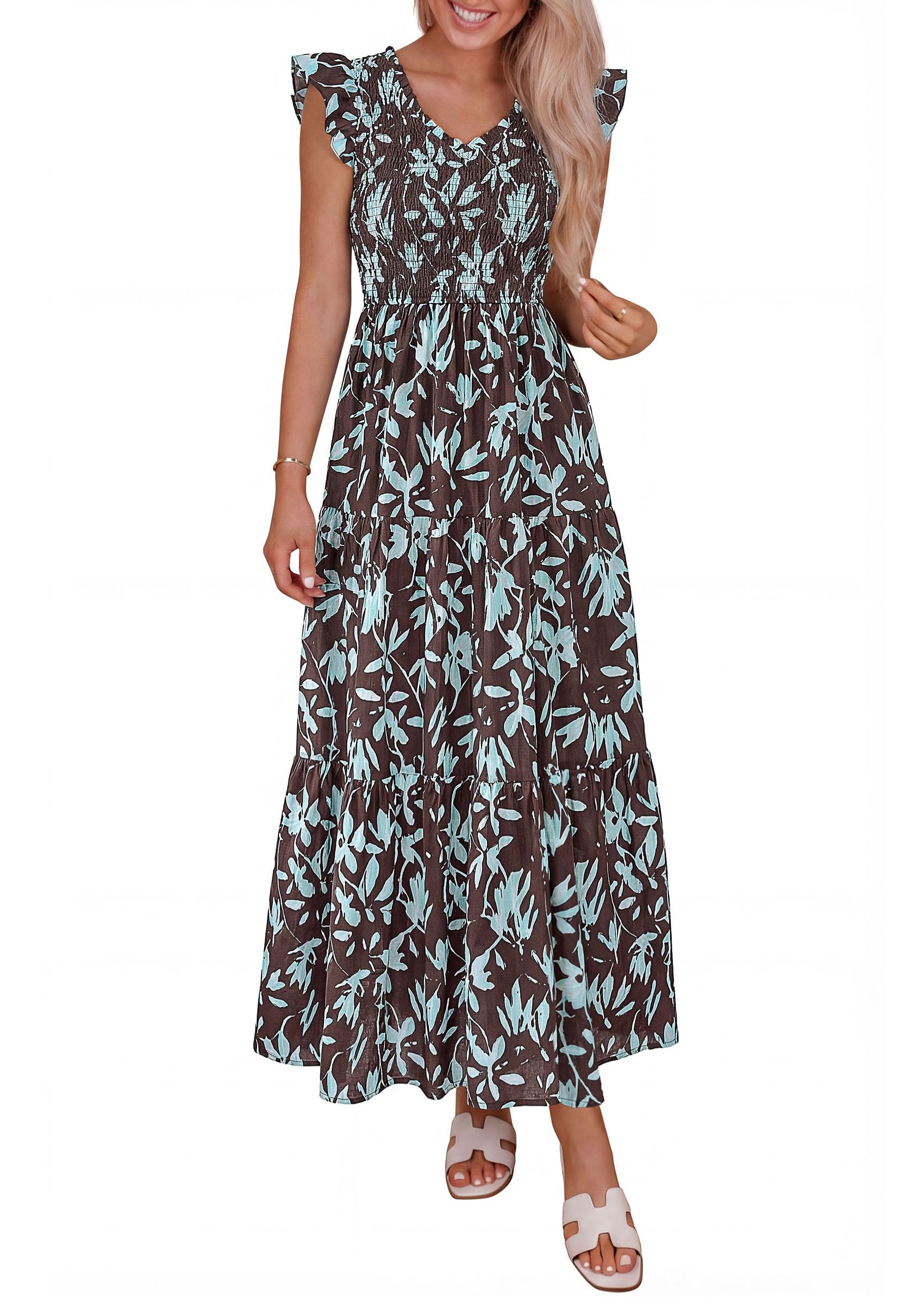 PRETTYGARDEN Women's Boho Floral Maxi Dress Summer Smocked V Neck Ruffle Sleeve Spring Flowy Beach Vacation Sundresses