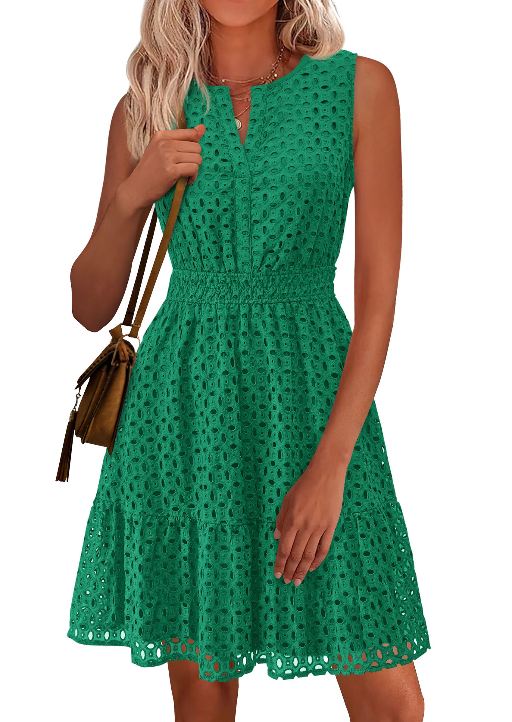 PRETTYGARDEN Women's Summer Dresses Sleeveless V Neck Eyelet Hollow Out Swing A Line Beach Vacation Sun Dress