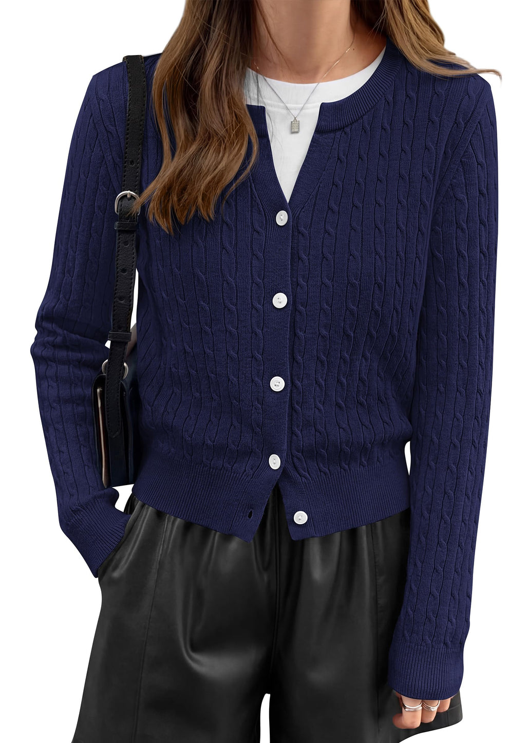 FreshPretty Women's Cable Knit Cropped Cardigan Sweater V Neck Button Down | Soft Lightweight Cable Knit, Long Sleeve, V Neck Button Front, Cropped Ribbed Trim, Business Casual Fall Winter Layering