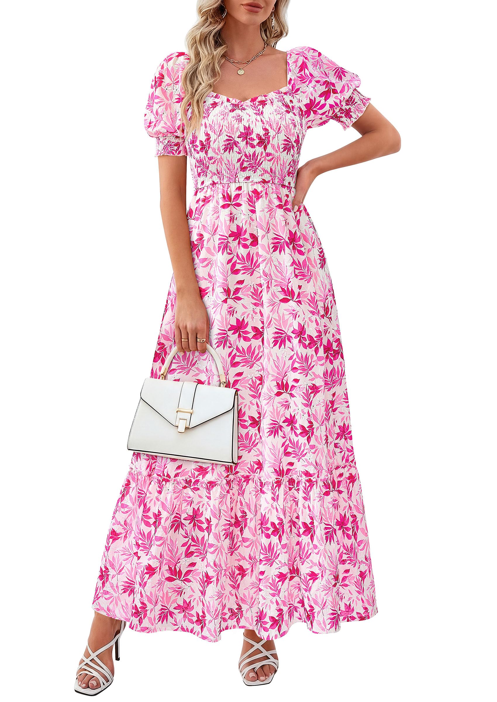 PRETTYGARDEN Women's Floral Boho Maxi Dresses Flowy Short Sleeve A Line Smocked Eyelet Summer Beach Vacation Clothes