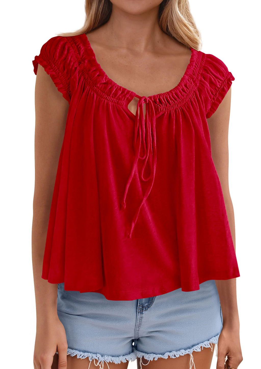 PRETTYGARDEN Women Babydoll Tops Summer Clothes Cap Sleeve Tie Front Flowy Tank Top Peplum Blouses Cute Going Out Shirts