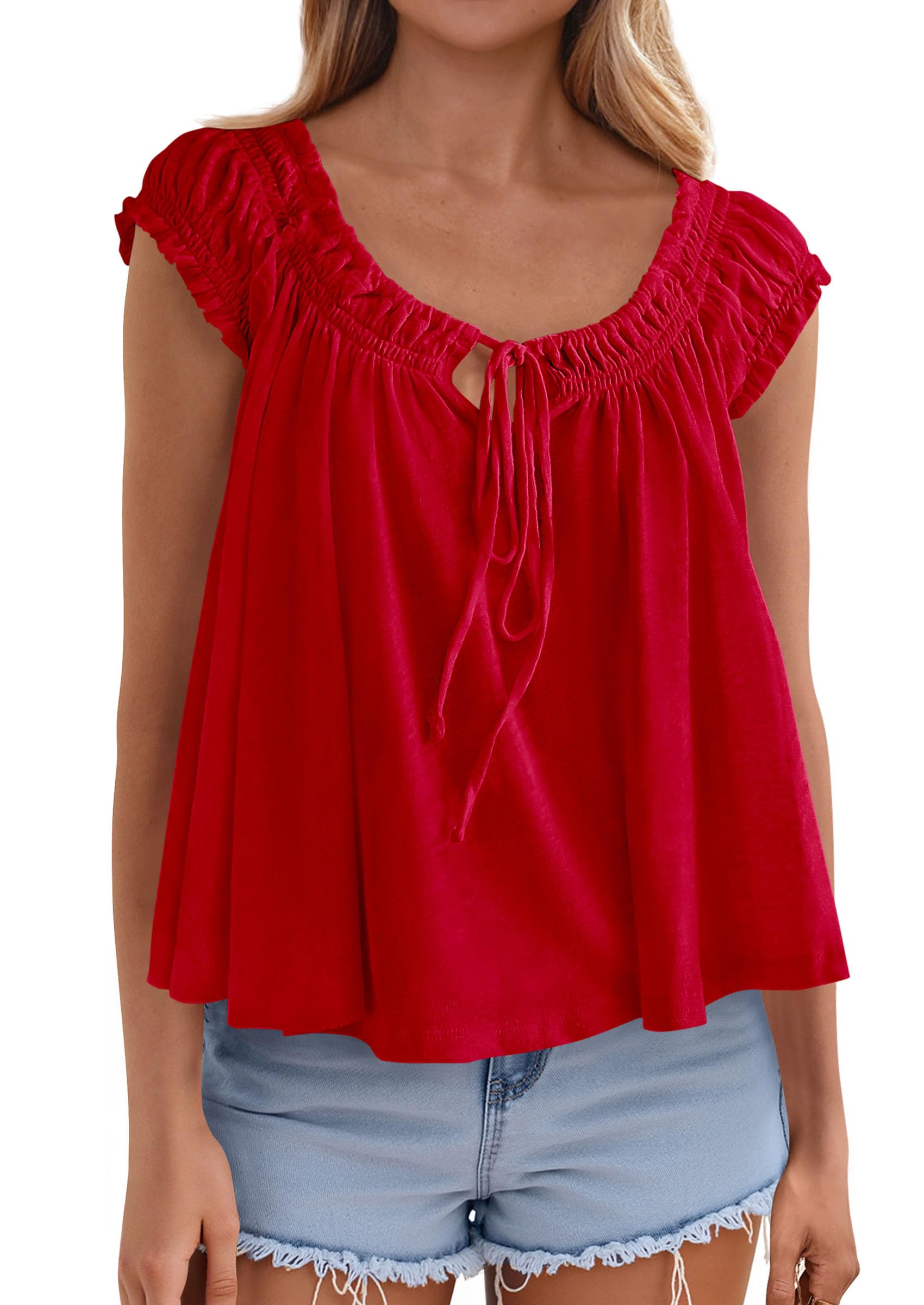 PRETTYGARDEN Women Babydoll Tops Summer Clothes Cap Sleeve Tie Front Flowy Tank Top Peplum Blouses Cute Going Out Shirts