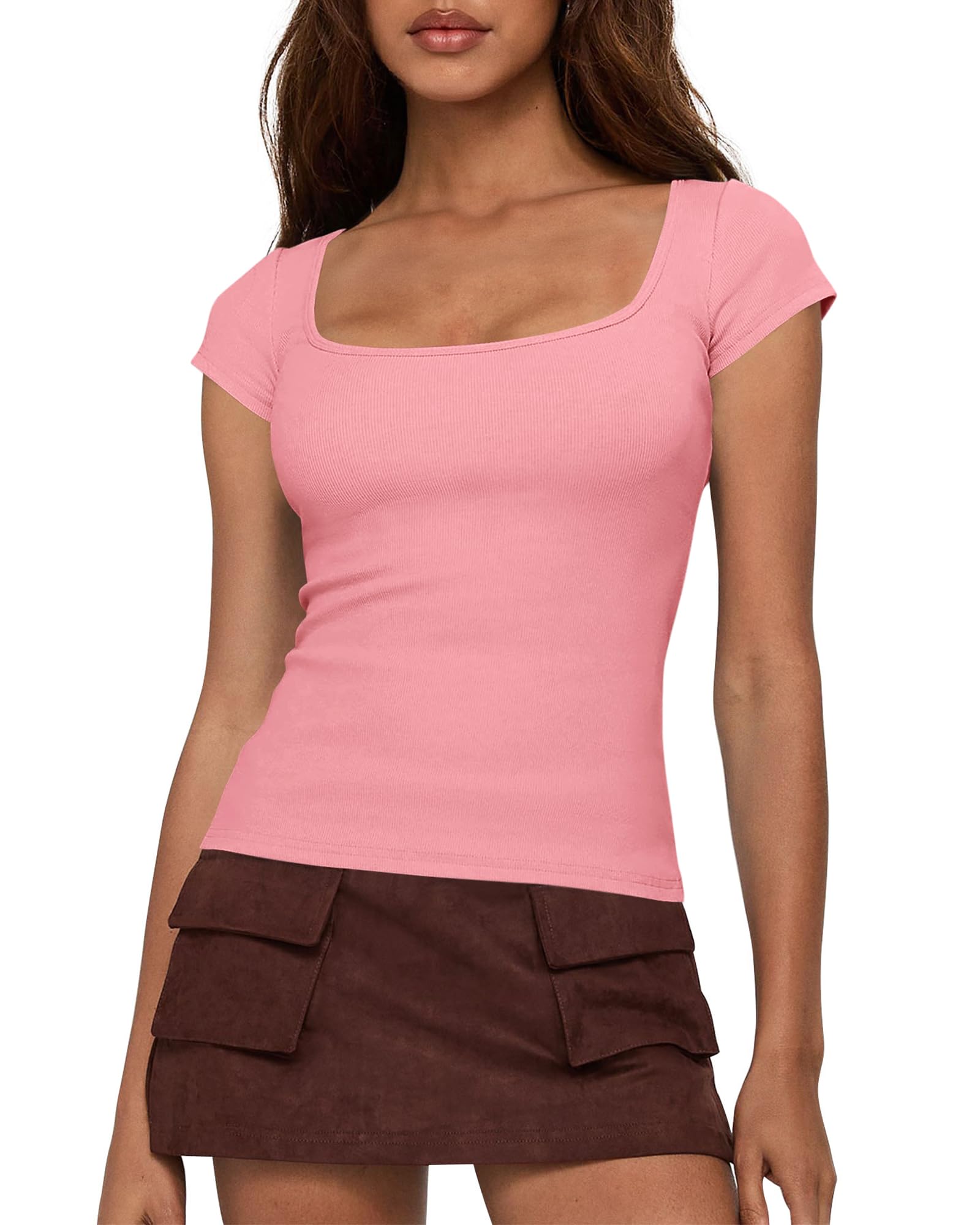 FreshPretty T Shirts for Women Square Neck Tops Spring Trendy Fashion Going Out Workout Y2k Clothes Summer Outfits