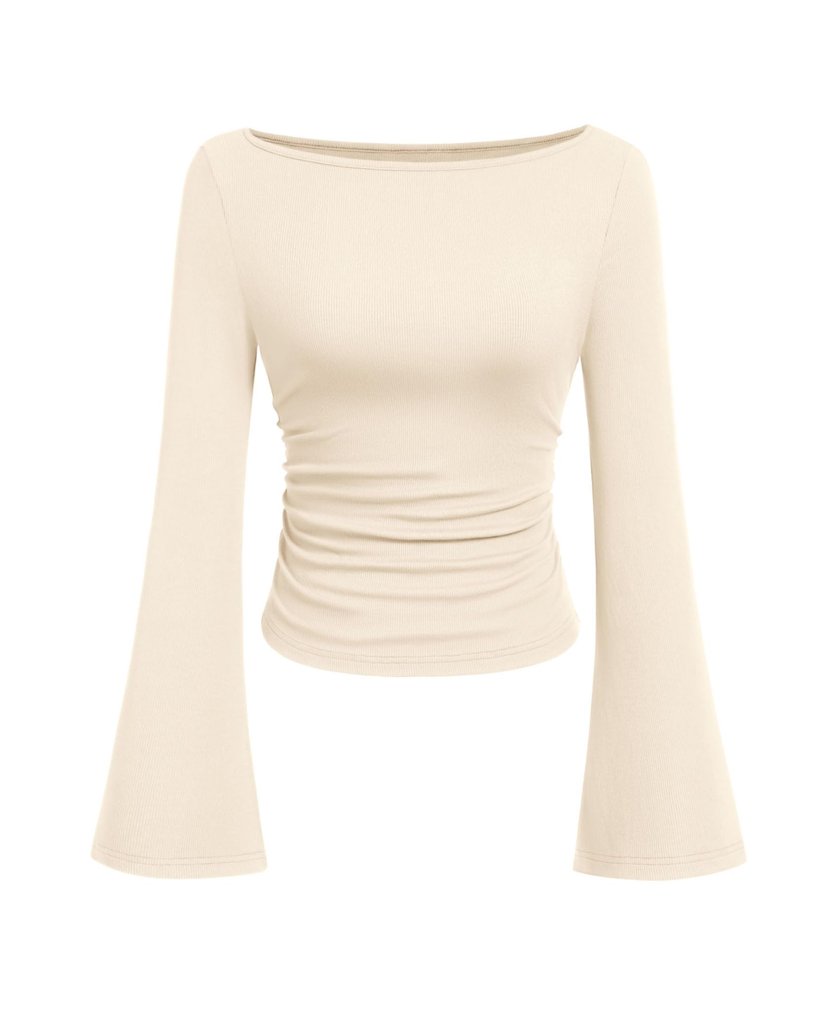 PRETTYGARDEN Women's Long Sleeve Shirts Fall Crop Going Out Tops Casual Boat Neck Bell Sleeve Ribbed Ruched Y2K Clothes