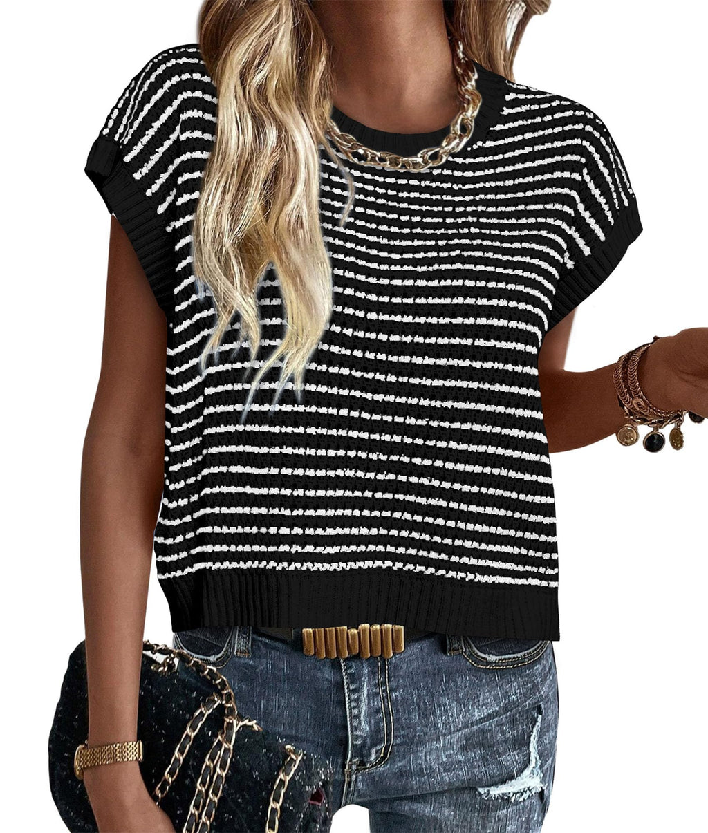 PRETTYGARDEN Womens Short Sleeve Sweater Spring Summer Round Neck Striped Pullover Cap Sleeve Knit Sweater Vest Tops