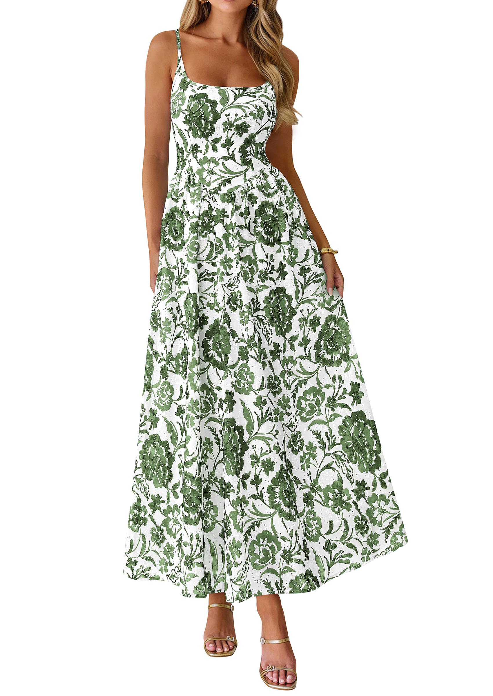 PRETTYGARDEN Womens Spring Boho Maxi Dress Eyelet Floral Long Flowy Sundresses Summer Beach Vacation Clothes