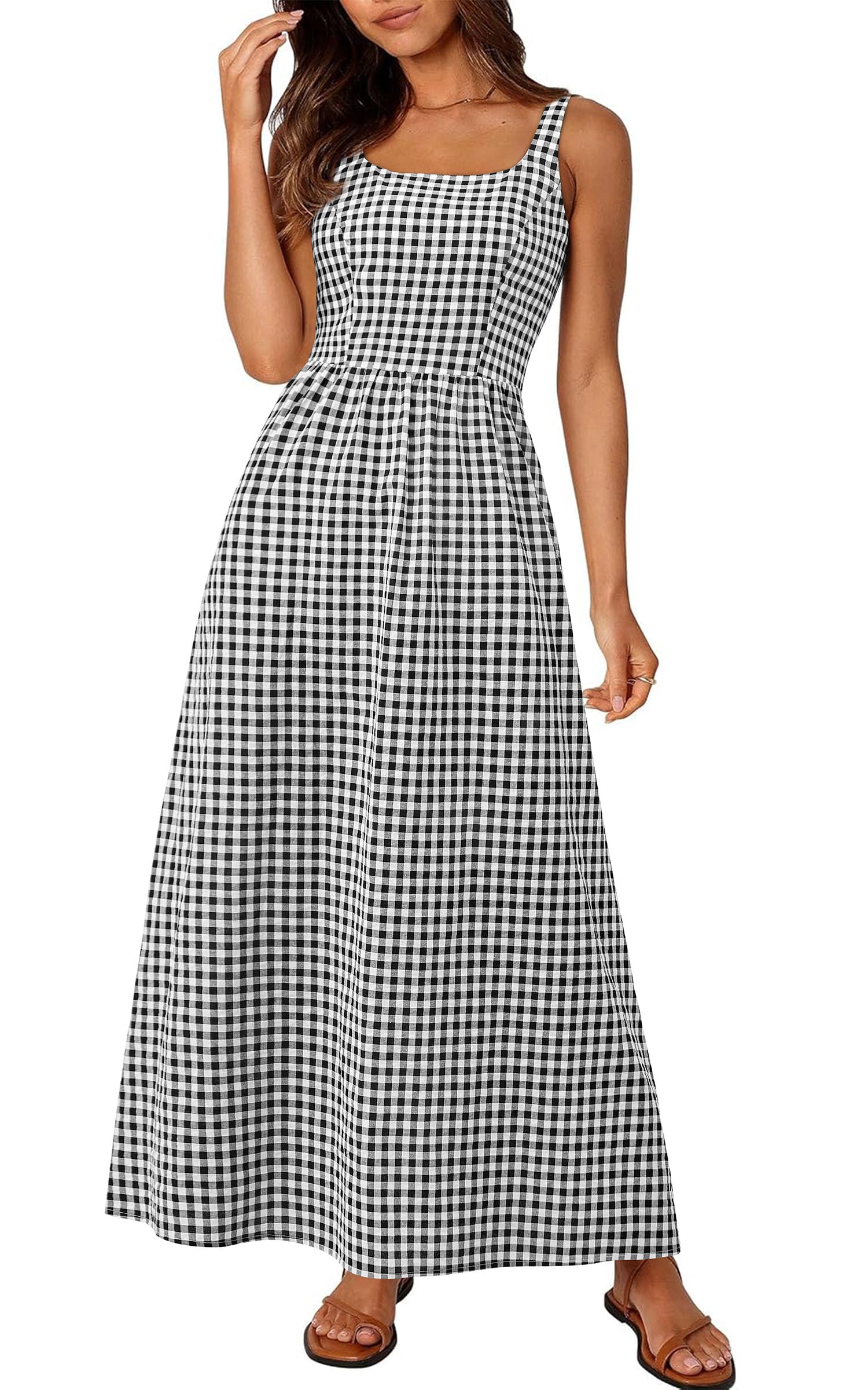 PRETTYGARDEN Women's Summer Spaghetti Strap Maxi Dresses Plaid Square Neck A Line Casual Beach Vacation Long Sundress